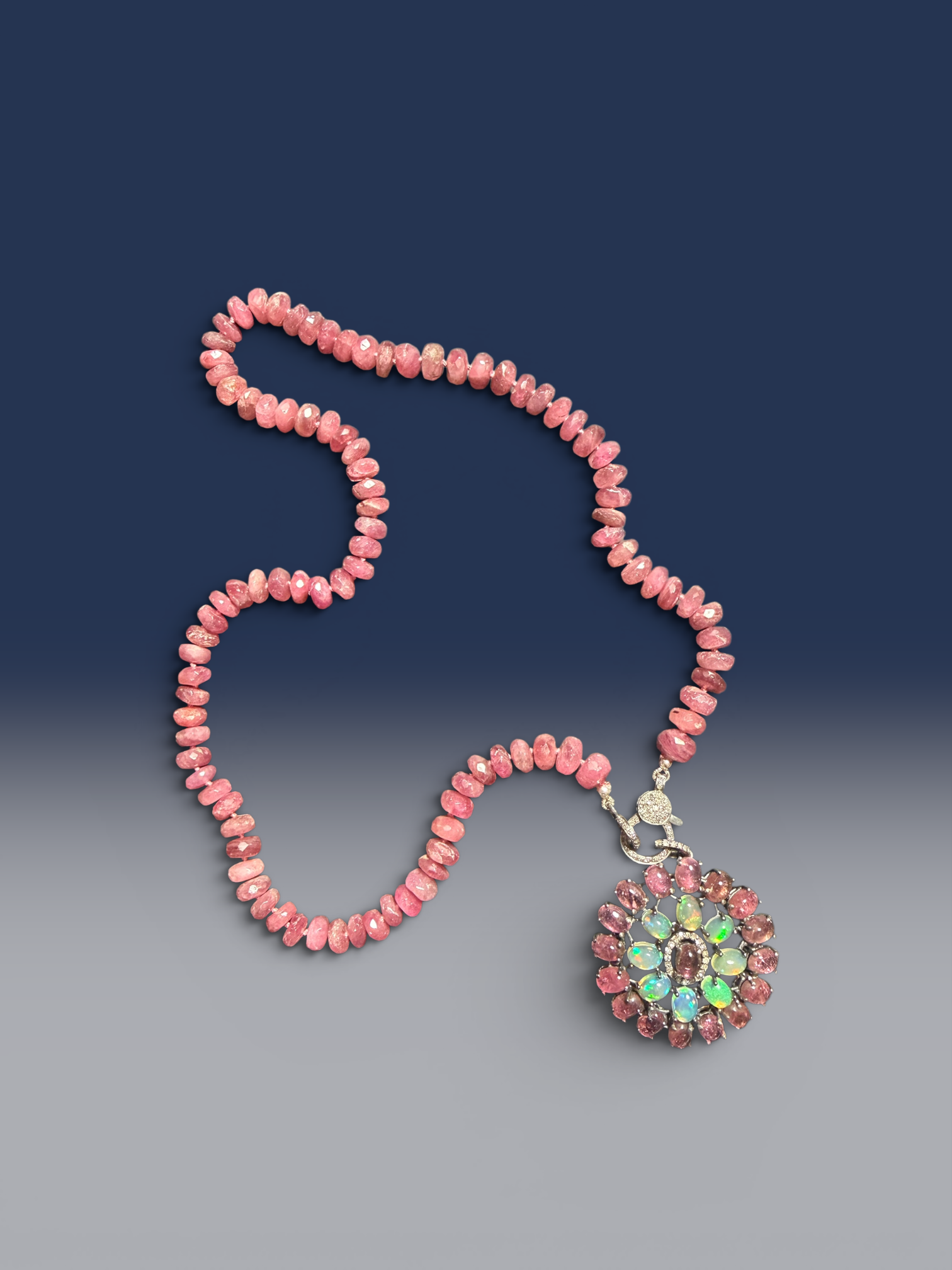18.5" Pink Tourmaline Necklace with Diamond Clasp & Pink Opal Tourmaline Burst Pendant | Ulka Rocks