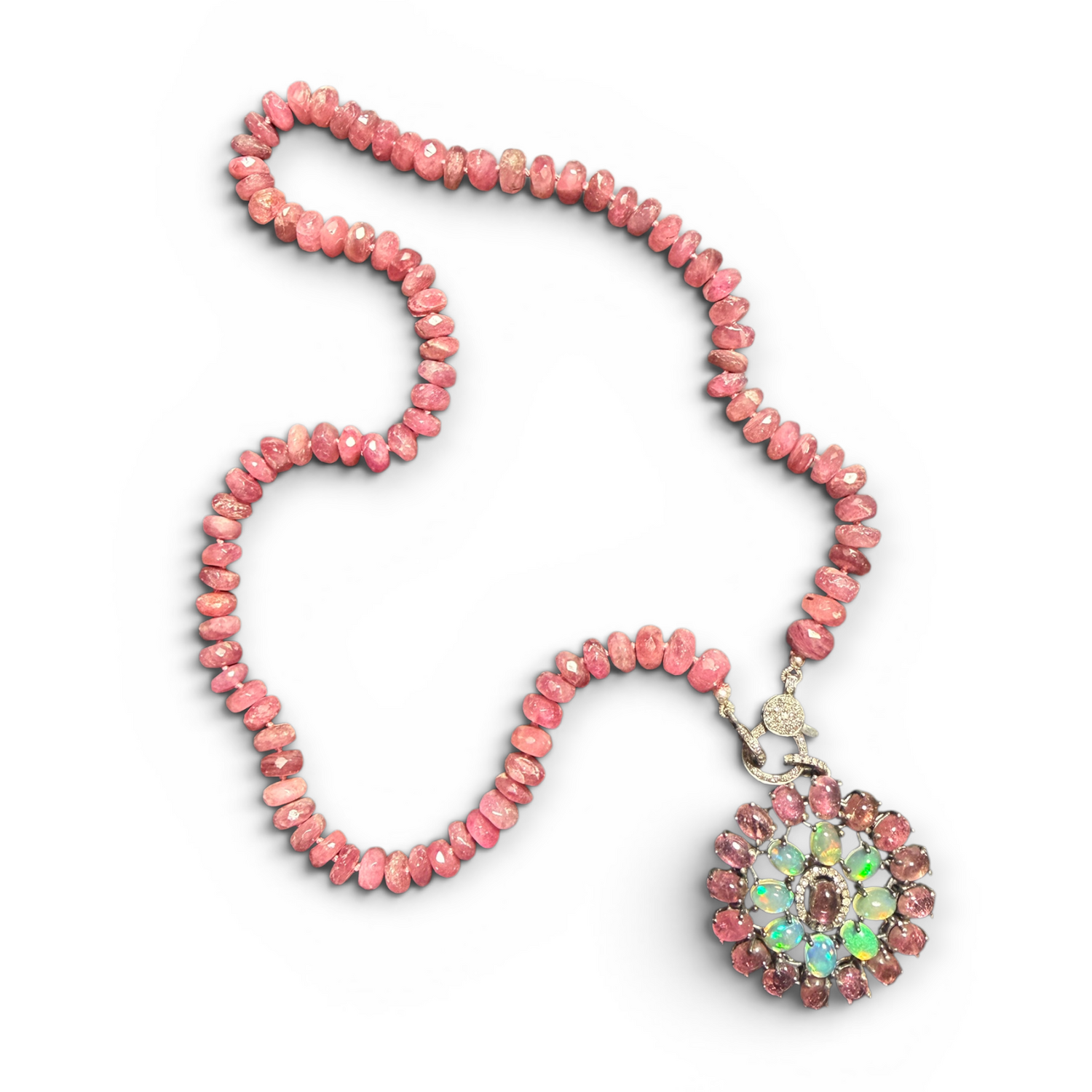 18.5" Pink Tourmaline Necklace with Diamond Clasp & Pink Opal Tourmaline Burst Pendant | Ulka Rocks