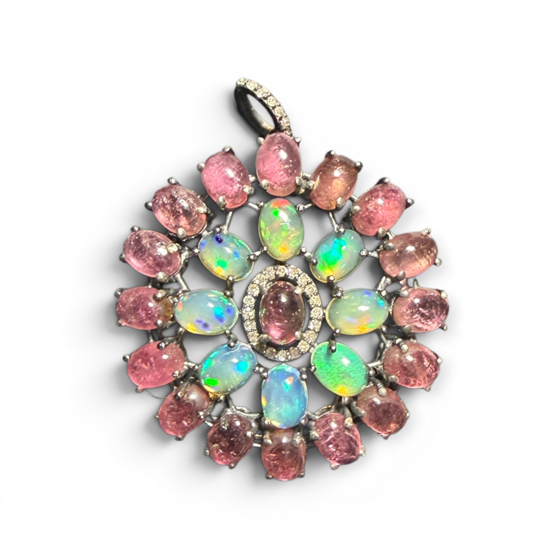 18.5" Pink Tourmaline Necklace with Diamond Clasp & Pink Opal Tourmaline Burst Pendant | Ulka Rocks