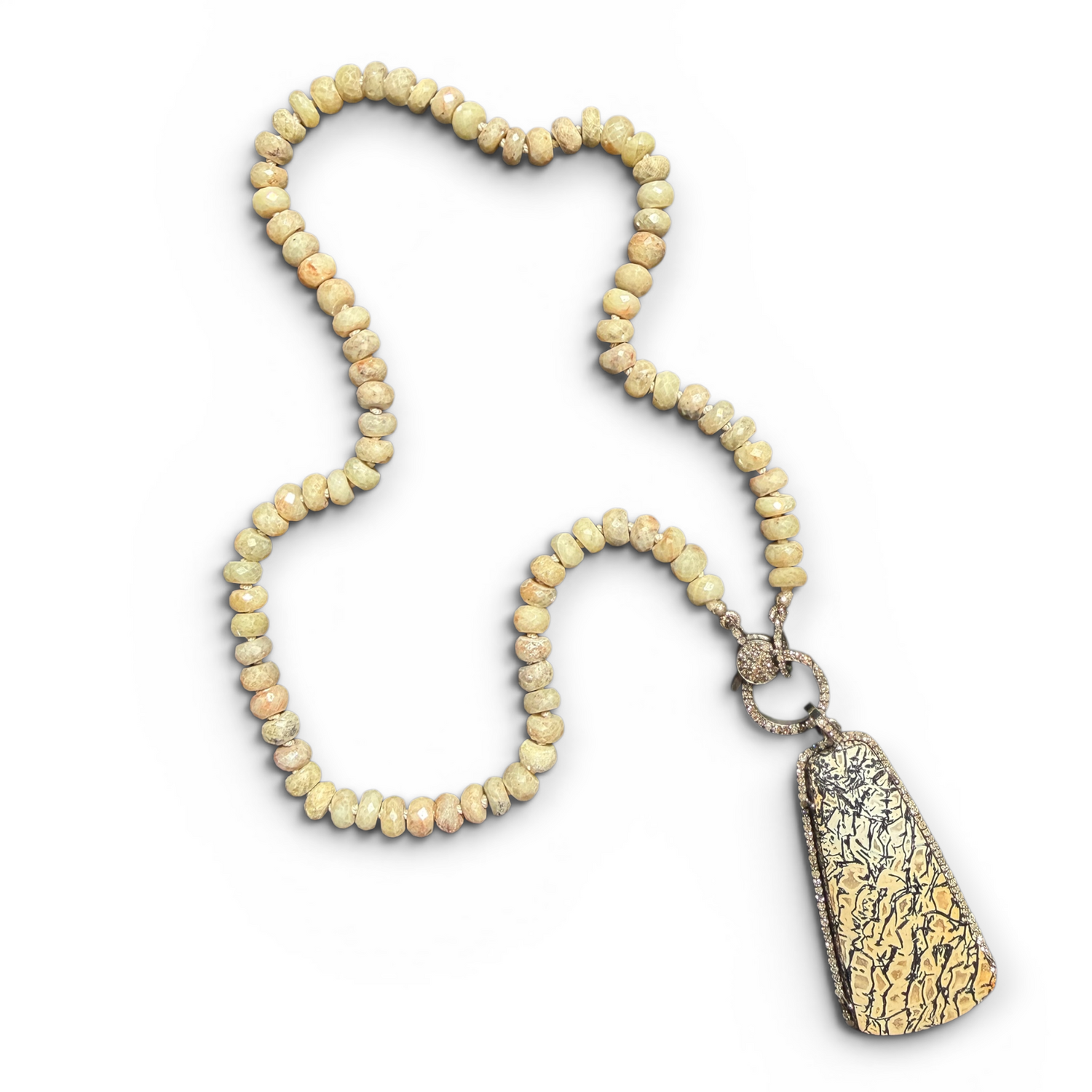 19" Silverite Necklace with Diamond Clasp & Fossilized Dinosaur Bone Pendant | Natural History Meets Modern Glam | Artistic Jewelry with Edge