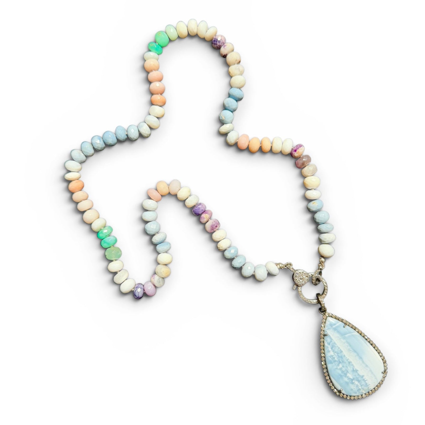 20.5" Pastel Pink Opal Necklace with Diamond Clasp & Owyhee Opal Pendant | Ulka Rocks