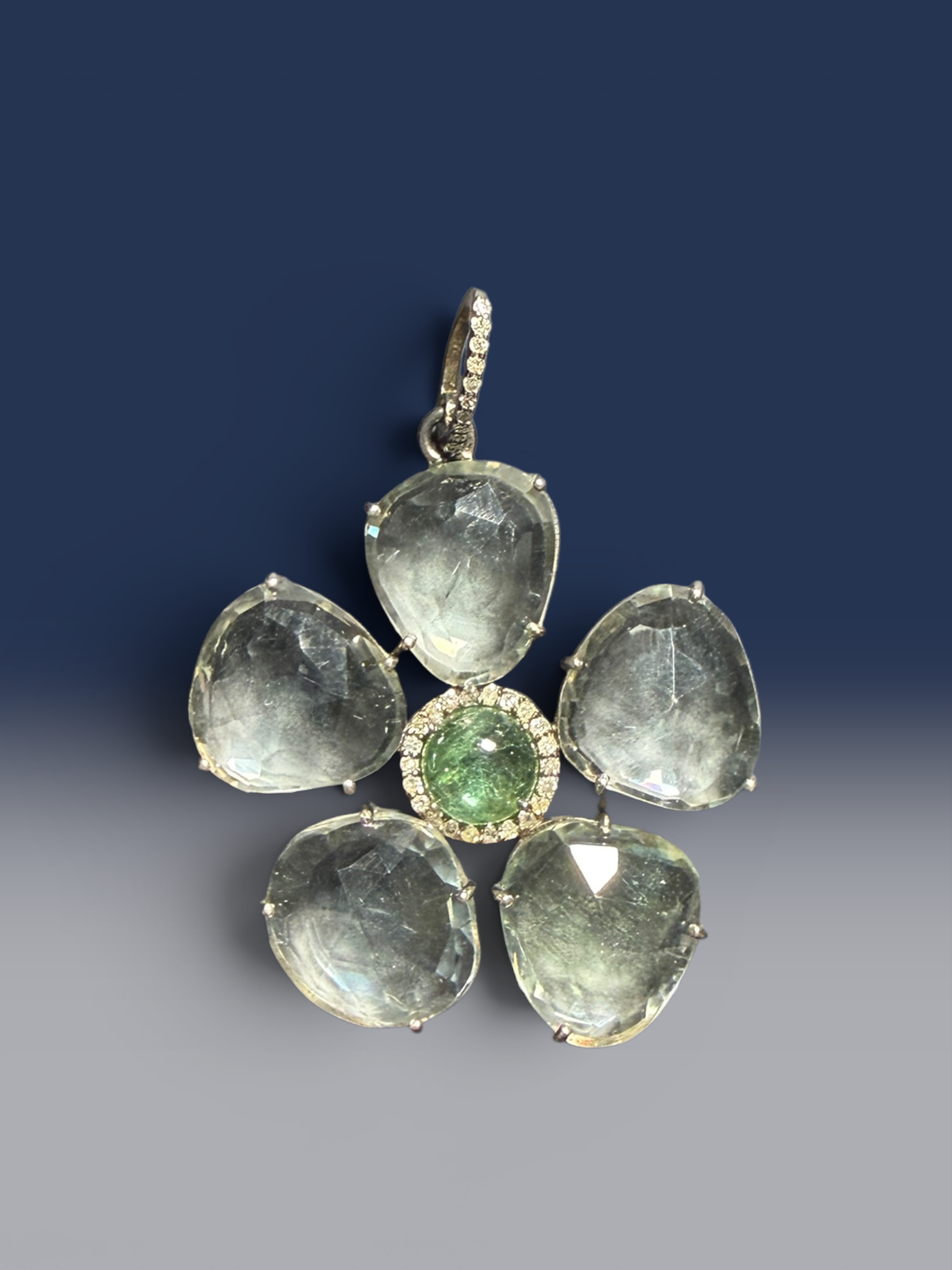 18" Green Green Amethyst Necklace with Diamond Clasp & Tourmaline Flower Pendant | Ulka Rocks