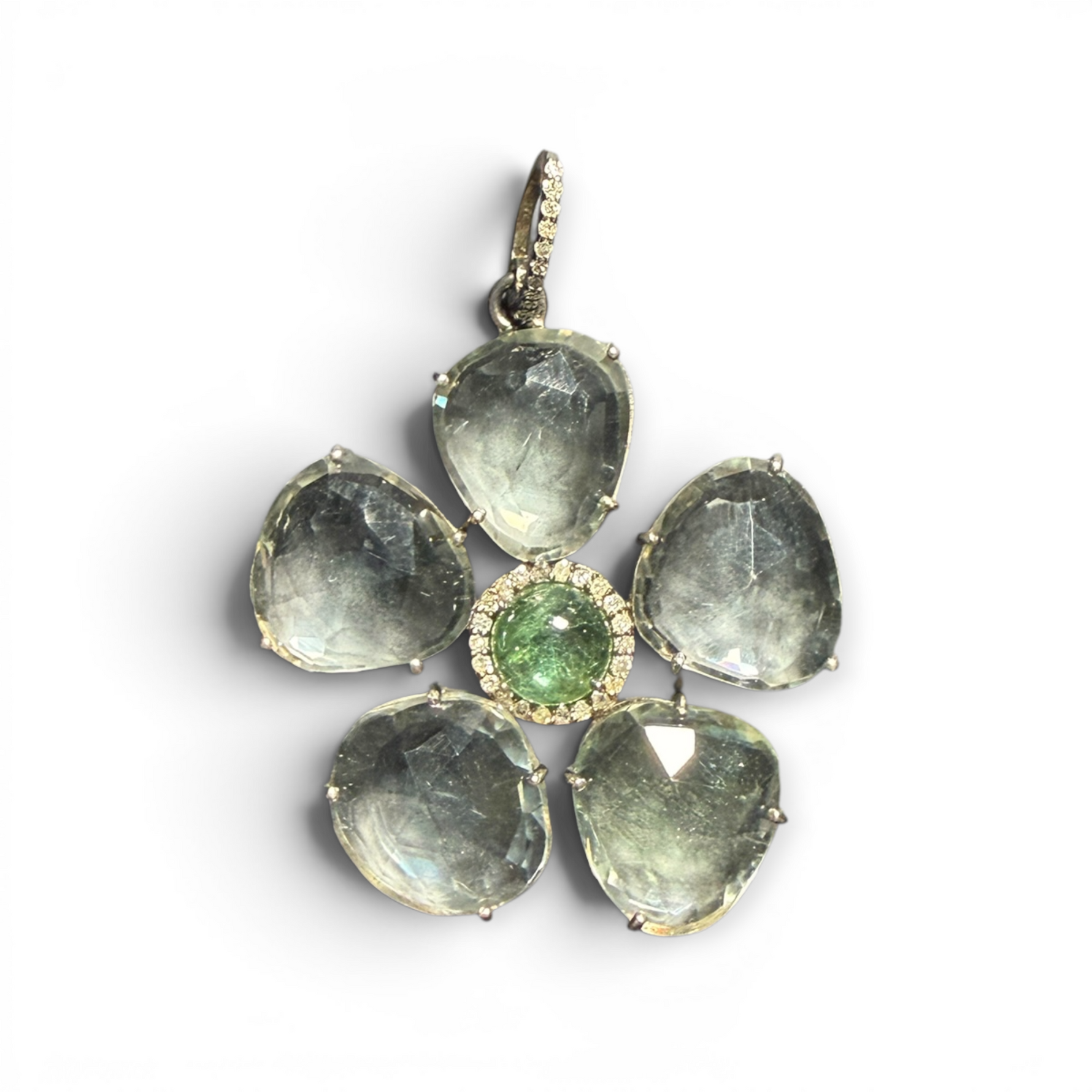 18" Green Green Amethyst Necklace with Diamond Clasp & Tourmaline Flower Pendant | Ulka Rocks