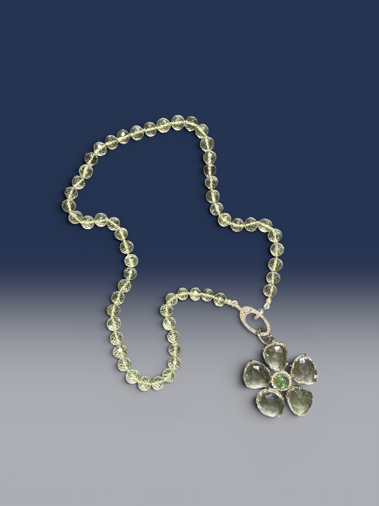 18" Green Green Amethyst Necklace with Diamond Clasp & Tourmaline Flower Pendant | Ulka Rocks