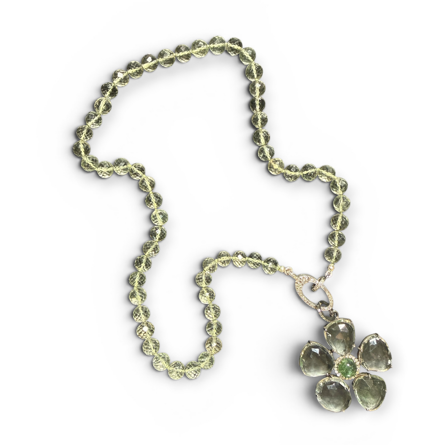 18" Green Green Amethyst Necklace with Diamond Clasp & Tourmaline Flower Pendant | Ulka Rocks