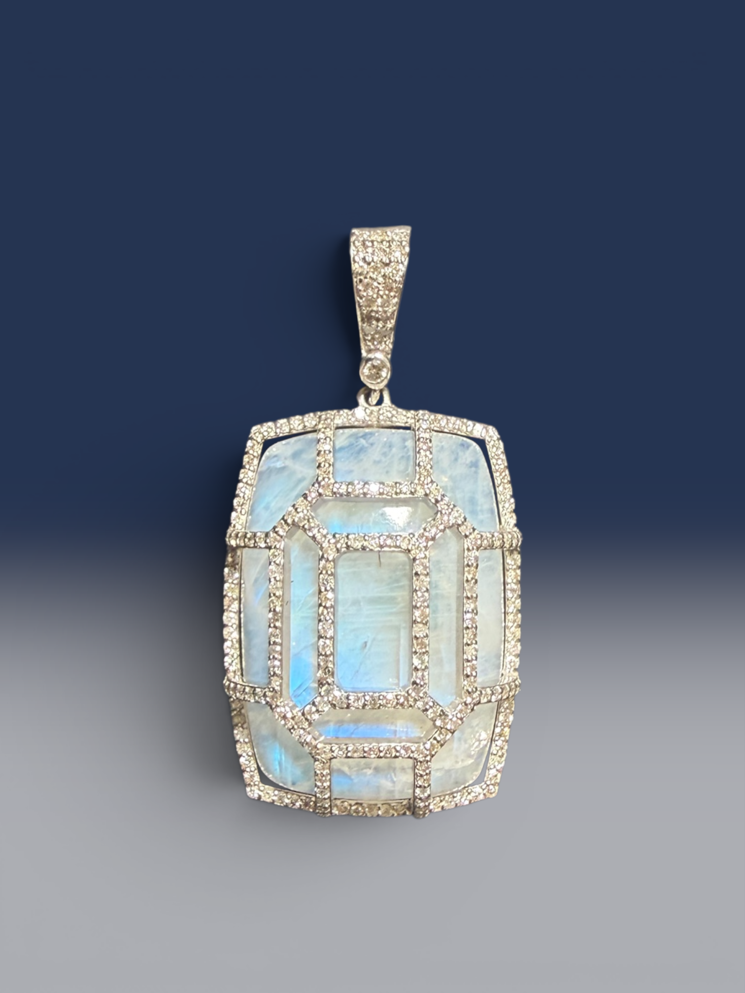 18" Rainbow White Moonstone Necklace with Diamond Clasp & Mosaic Moonstone Pendant | Ulka Rocks