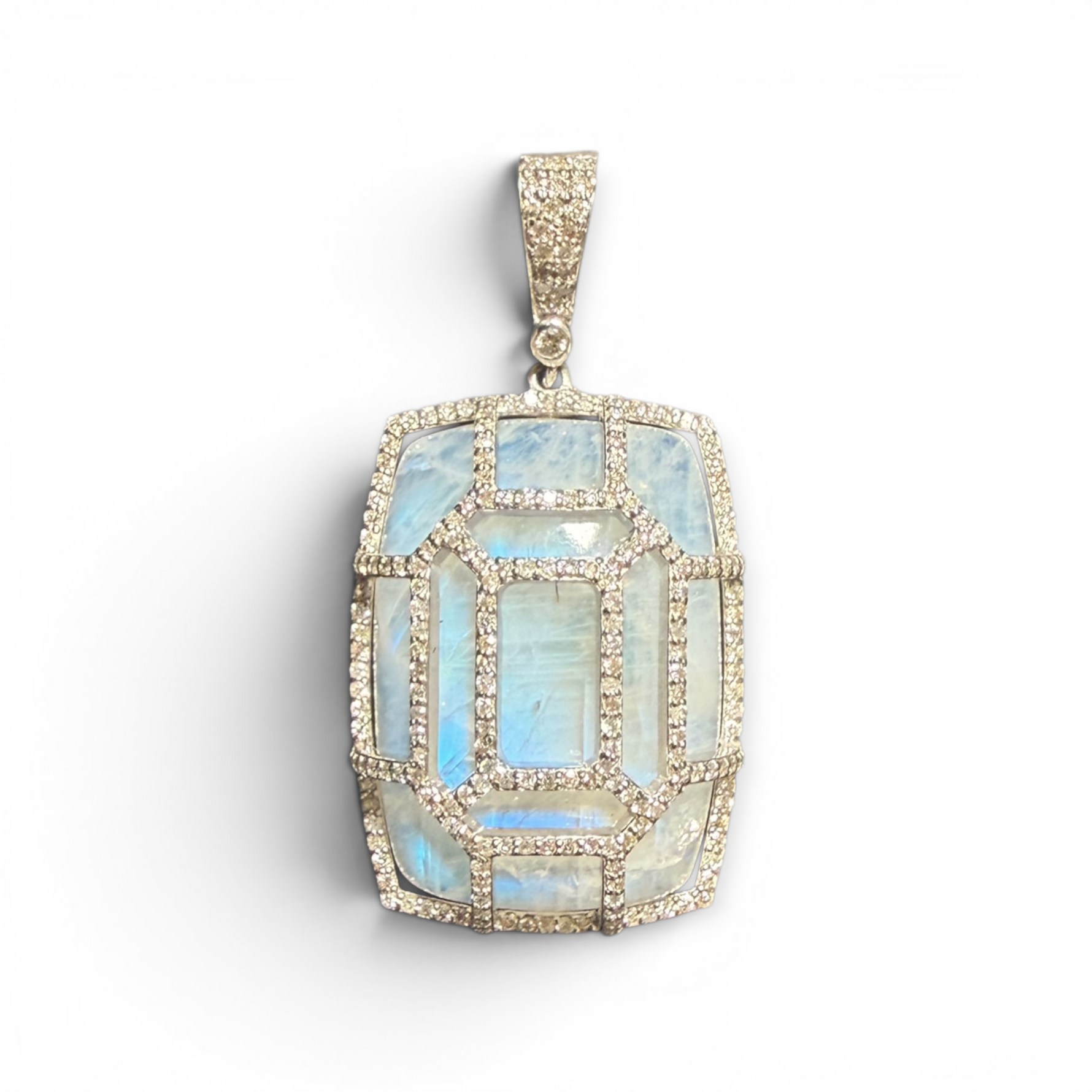 18" Rainbow White Moonstone Necklace with Diamond Clasp & Mosaic Moonstone Pendant | Ulka Rocks