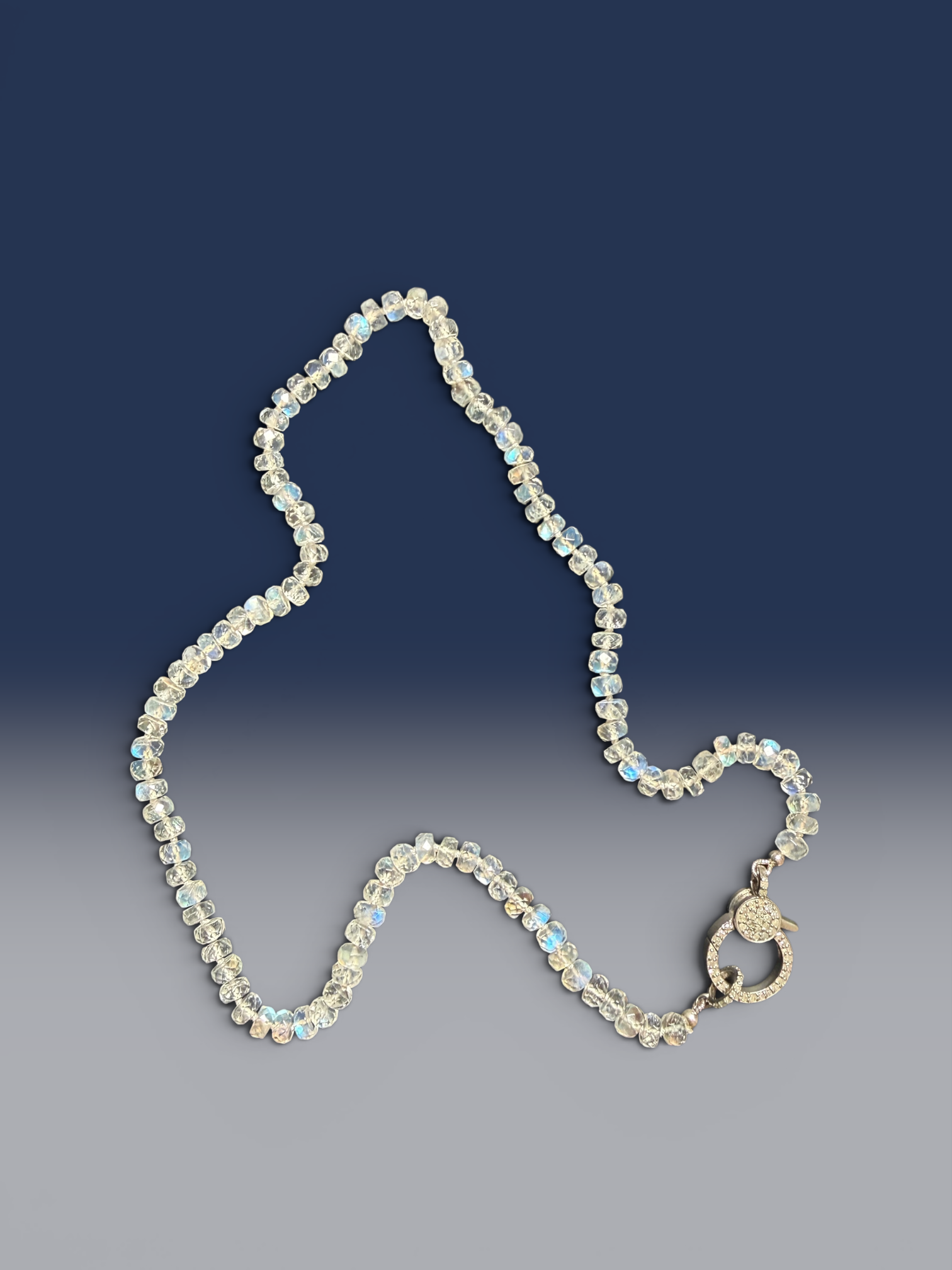18" Rainbow White Moonstone Necklace with Diamond Clasp & Mosaic Moonstone Pendant | Ulka Rocks