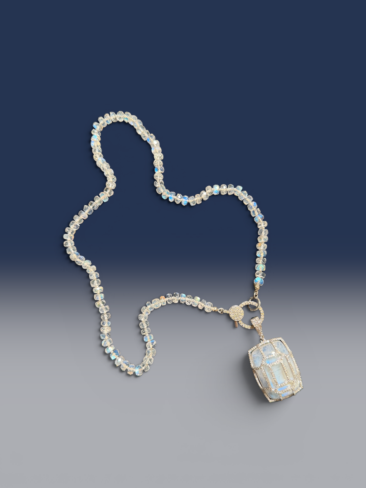 18" Rainbow White Moonstone Necklace with Diamond Clasp & Mosaic Moonstone Pendant | Ulka Rocks