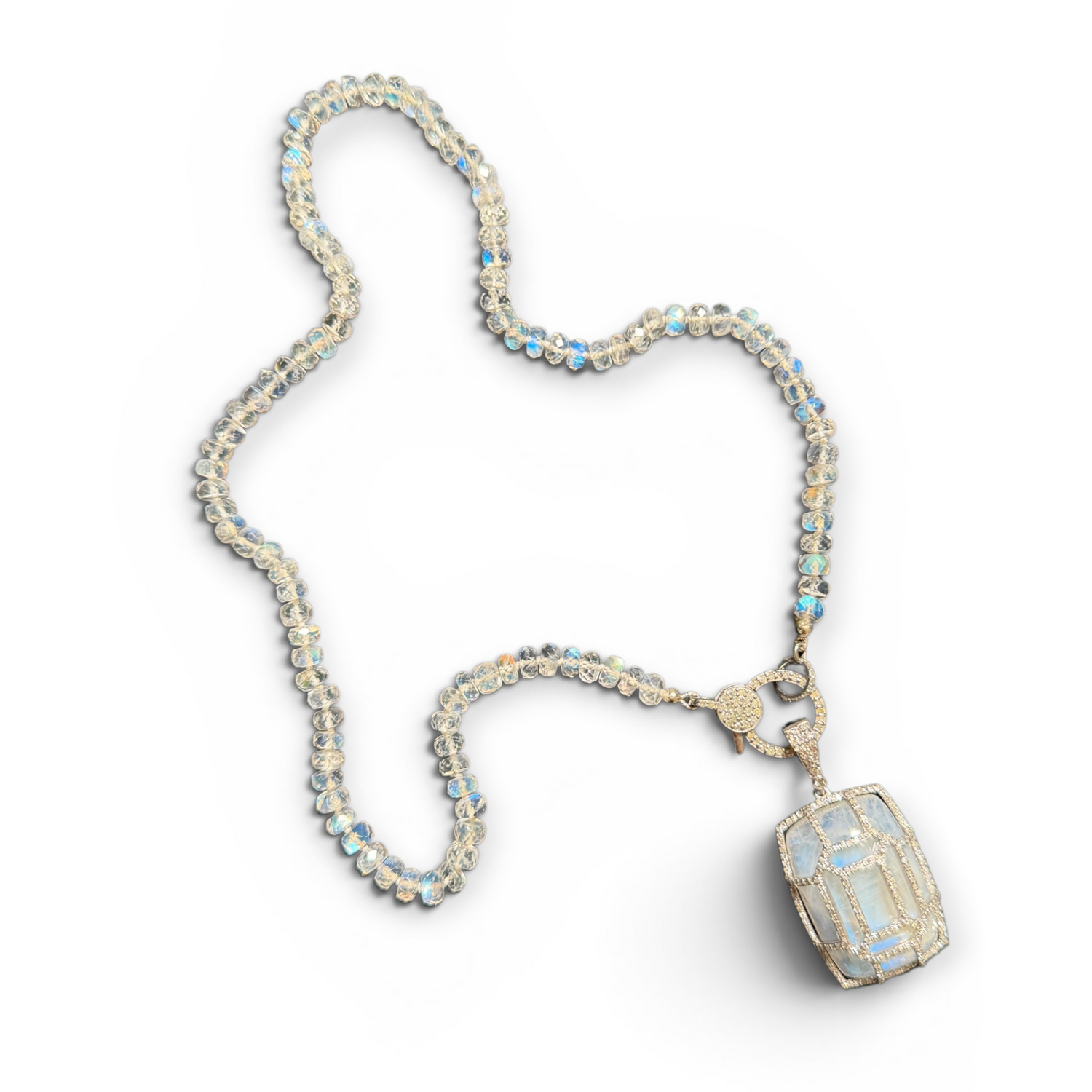 18" Rainbow White Moonstone Necklace with Diamond Clasp & Mosaic Moonstone Pendant | Ulka Rocks