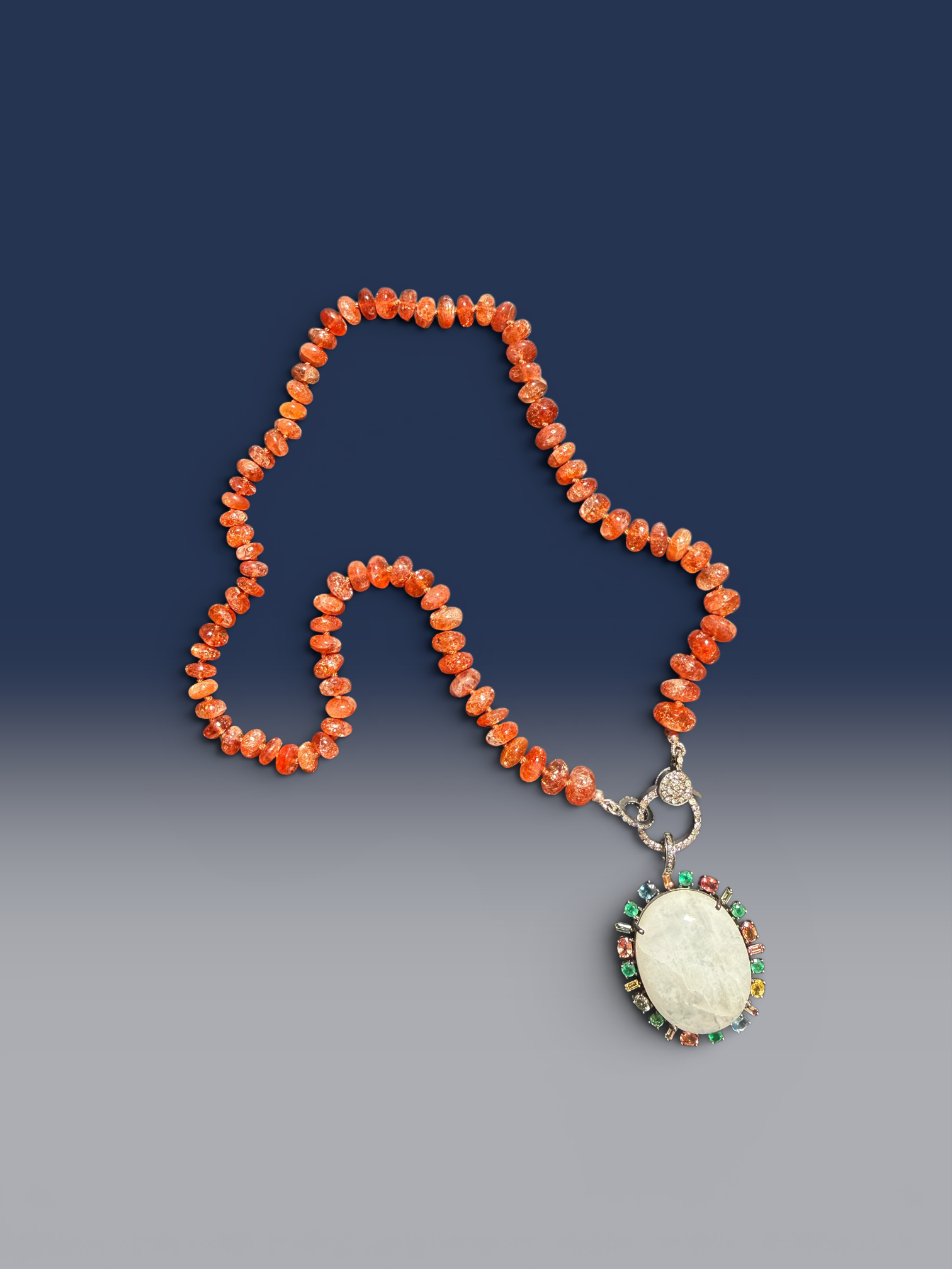 18" Sunstone Necklace with Diamond Clasp & Orange Moonstone Pendant | Ulka Rocks