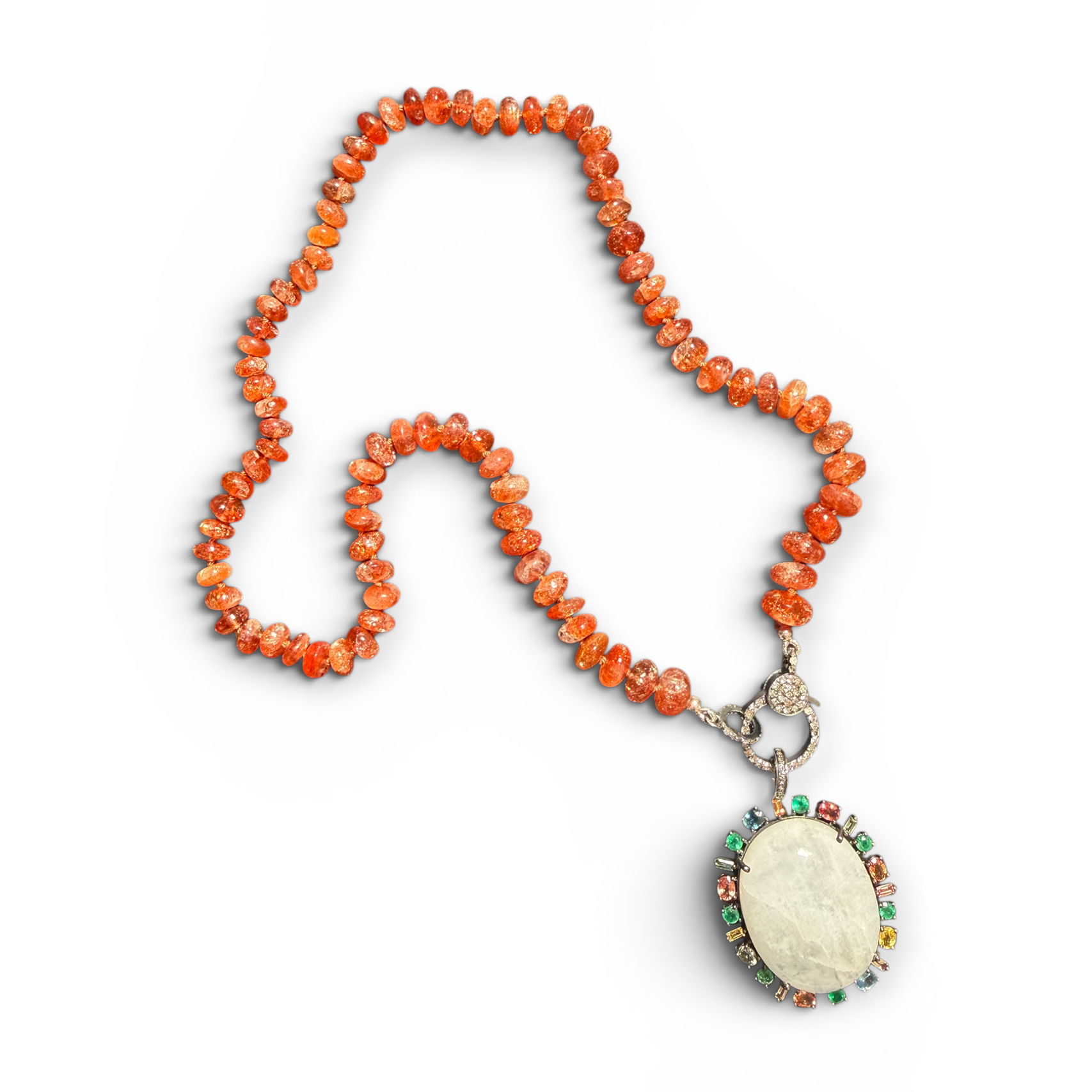 18" Sunstone Necklace with Diamond Clasp & Orange Moonstone Pendant | Ulka Rocks