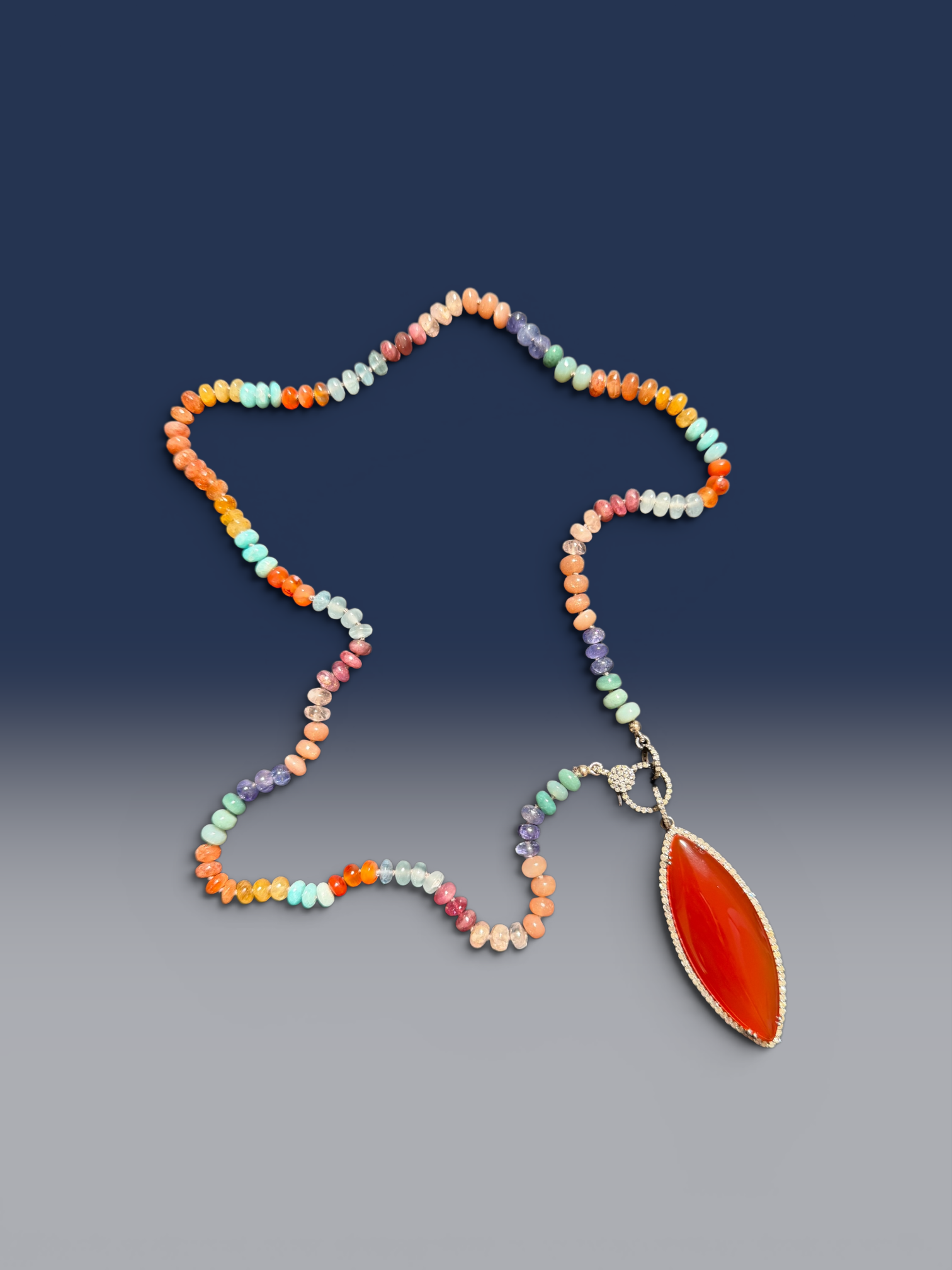 21.5" Multicolor Gemstone Necklace with Diamond Clasp & Carnelian Pendant | Ulka Rocks