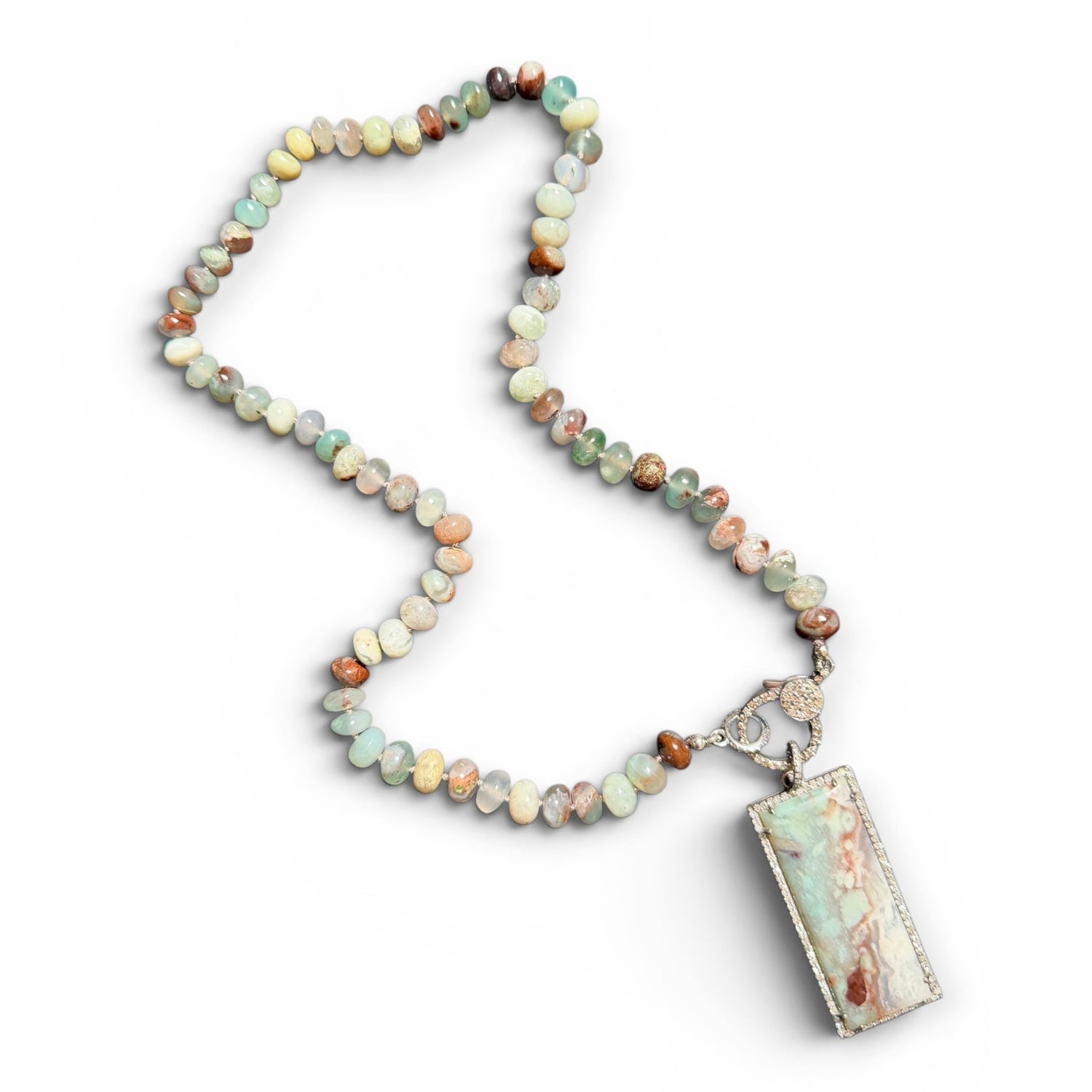18" Brown Aquaprase Necklace with Diamond Clasp & Rectangular Aquaprase Pendant | Ulka Rocks