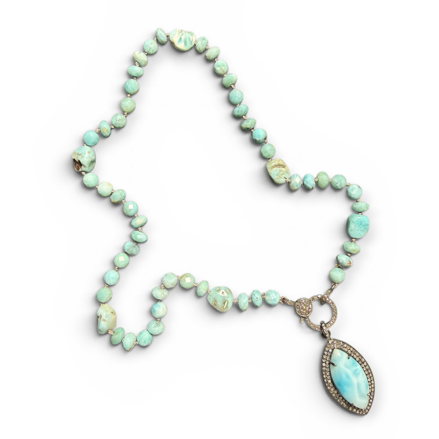 19" Larimar Necklace with Diamond Clasp & Marquise Larimar Pendant | Polished Daily Wear | Effortlessly Sophisticated with a Coastal Luxe Vibe