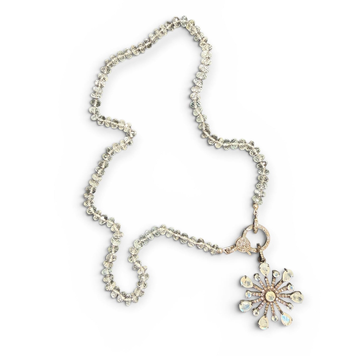 18.5" White Moonstone Necklace with Diamond Clasp & Starburst Pendant | Ulka Rocks