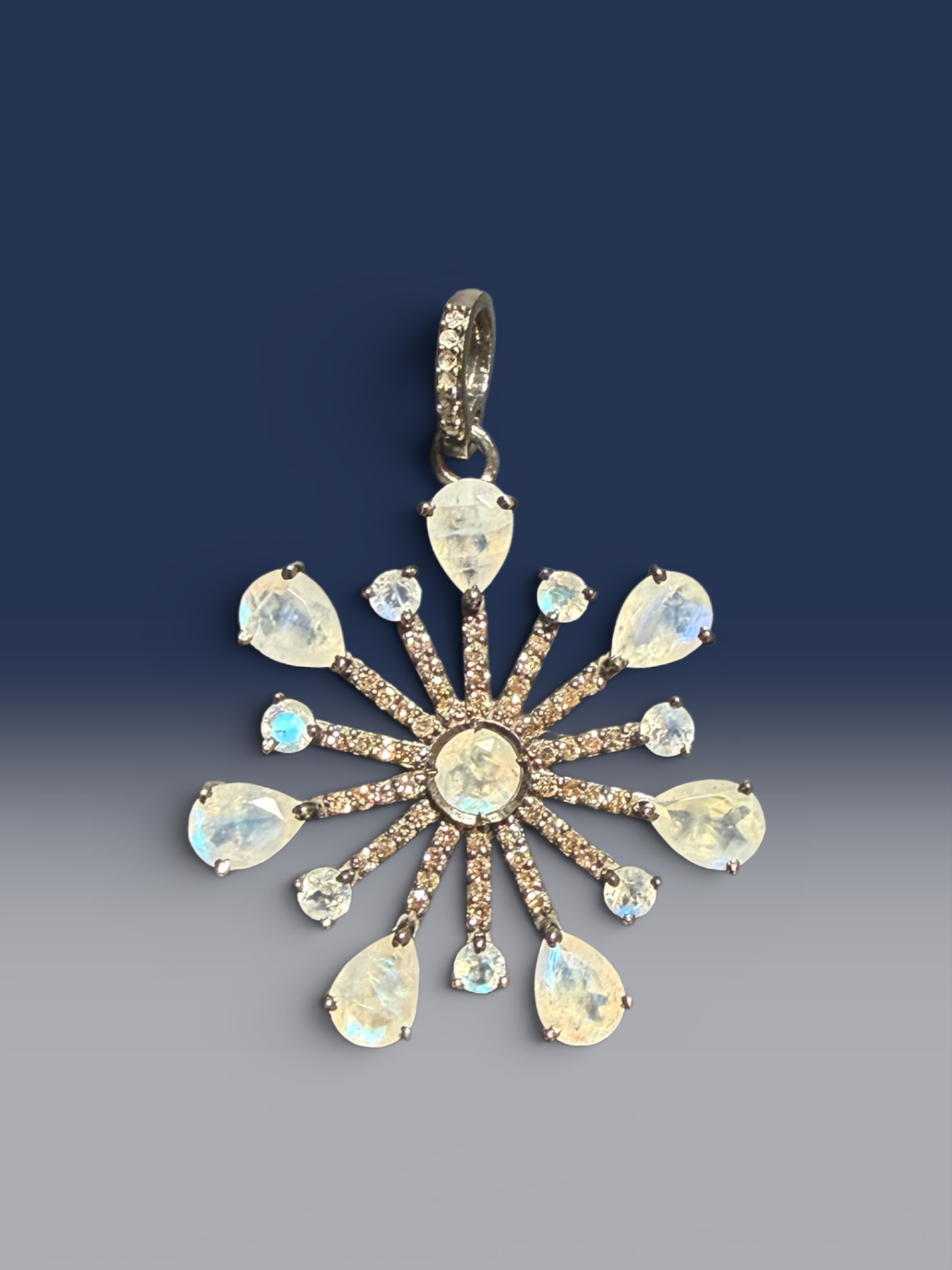 18.5" White Moonstone Necklace with Diamond Clasp & Starburst Pendant | Ulka Rocks