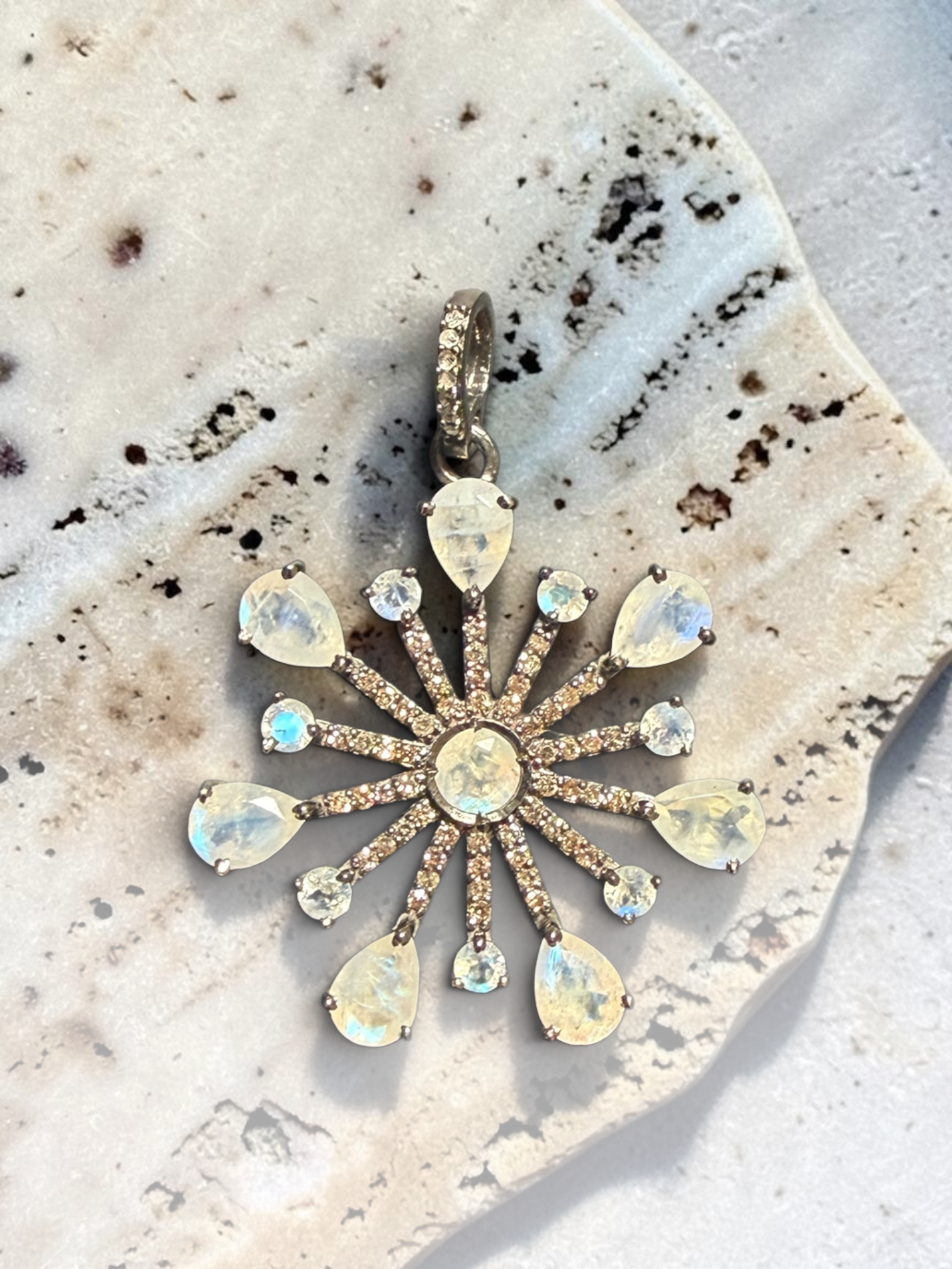 18.5" White Moonstone Necklace with Diamond Clasp & Starburst Pendant | Ulka Rocks