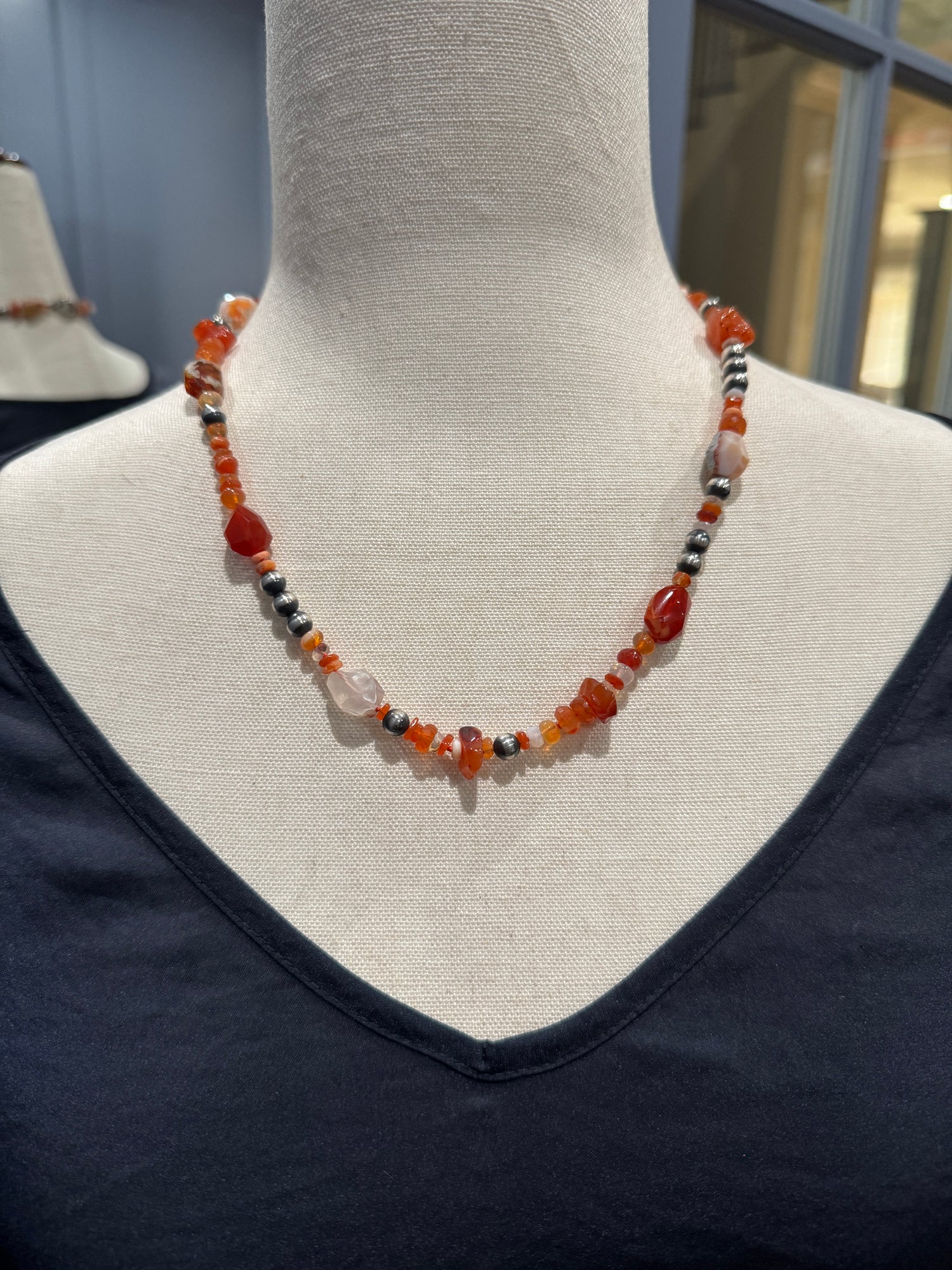 20" Fire Orange Opal, Carnelian & Navajo Pearl Necklace | Ulka Rocks