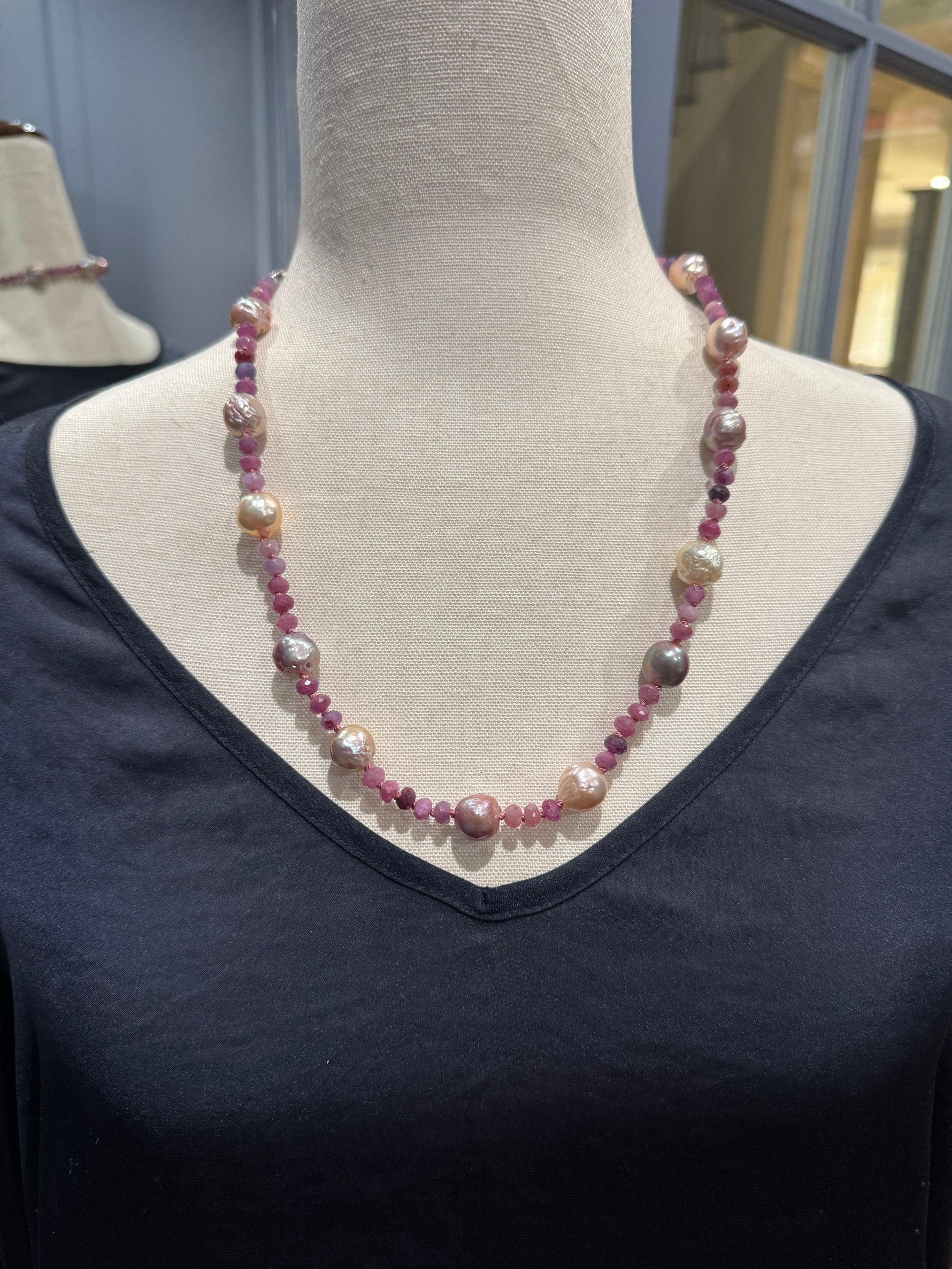 23" and 25" Pink Edison Purple Pearl & Ruby Necklace | Ulka Rocks