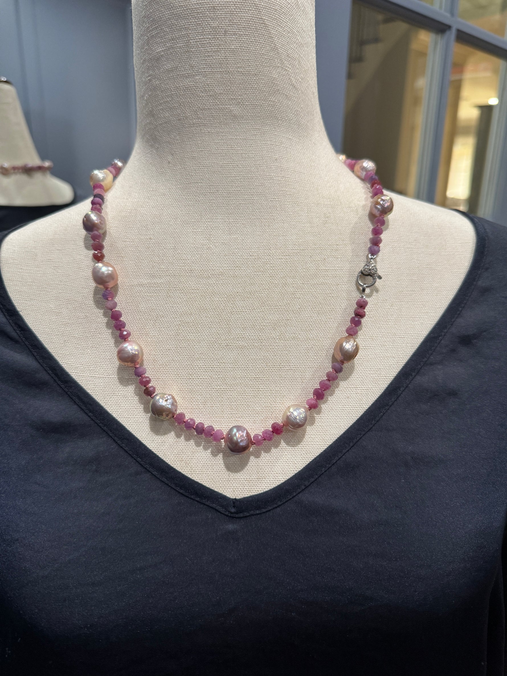 23" and 25" Pink Edison Purple Pearl & Ruby Necklace | Ulka Rocks