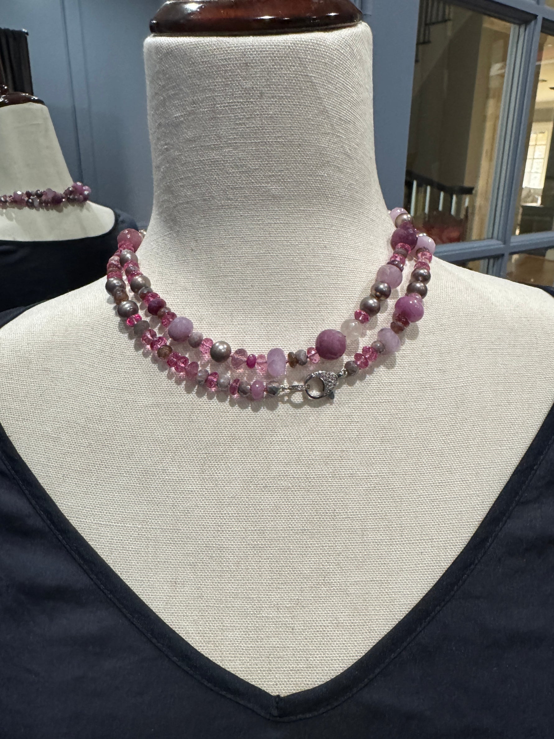 35" Ruby, Kunzite, & Gray Purple Pearl Necklace with Pink Topaz Accents | Ulka Rocks