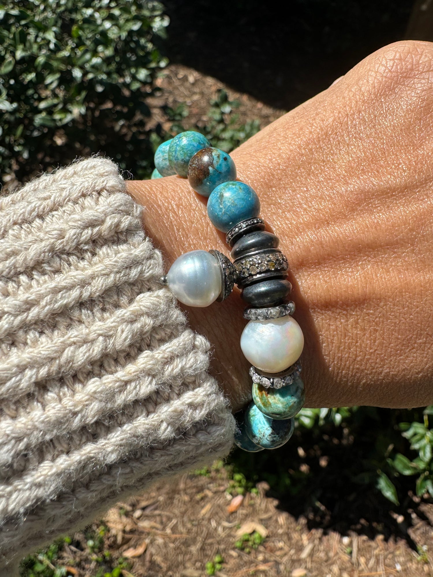 Green Chrysocolla Diamond Pearl Stretch Bracelet | Ulka Rocks