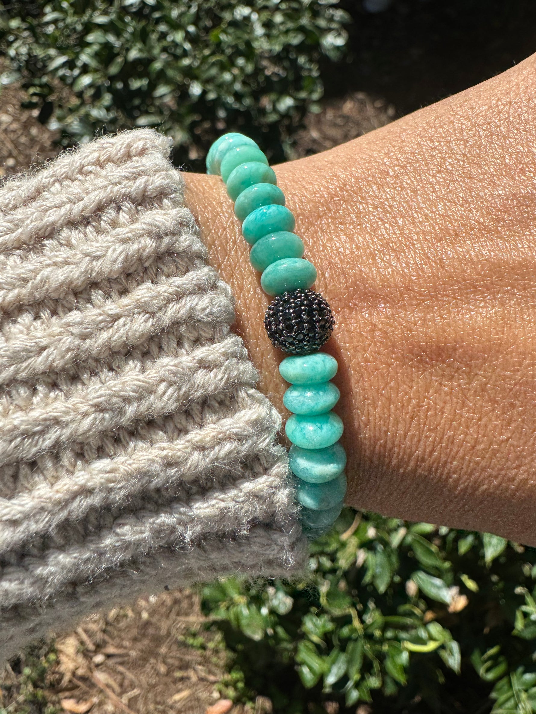 Amazonite Stretch Bracelet with Black Spinel Accent Beads | Ulka Rocks