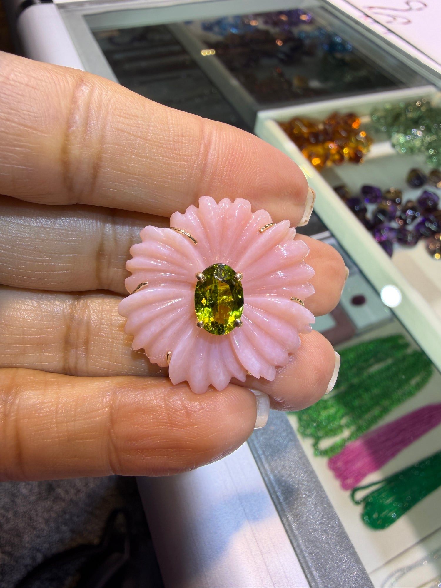 Pink Opal Flower Pendant with Green Tourmaline in 14K Gold