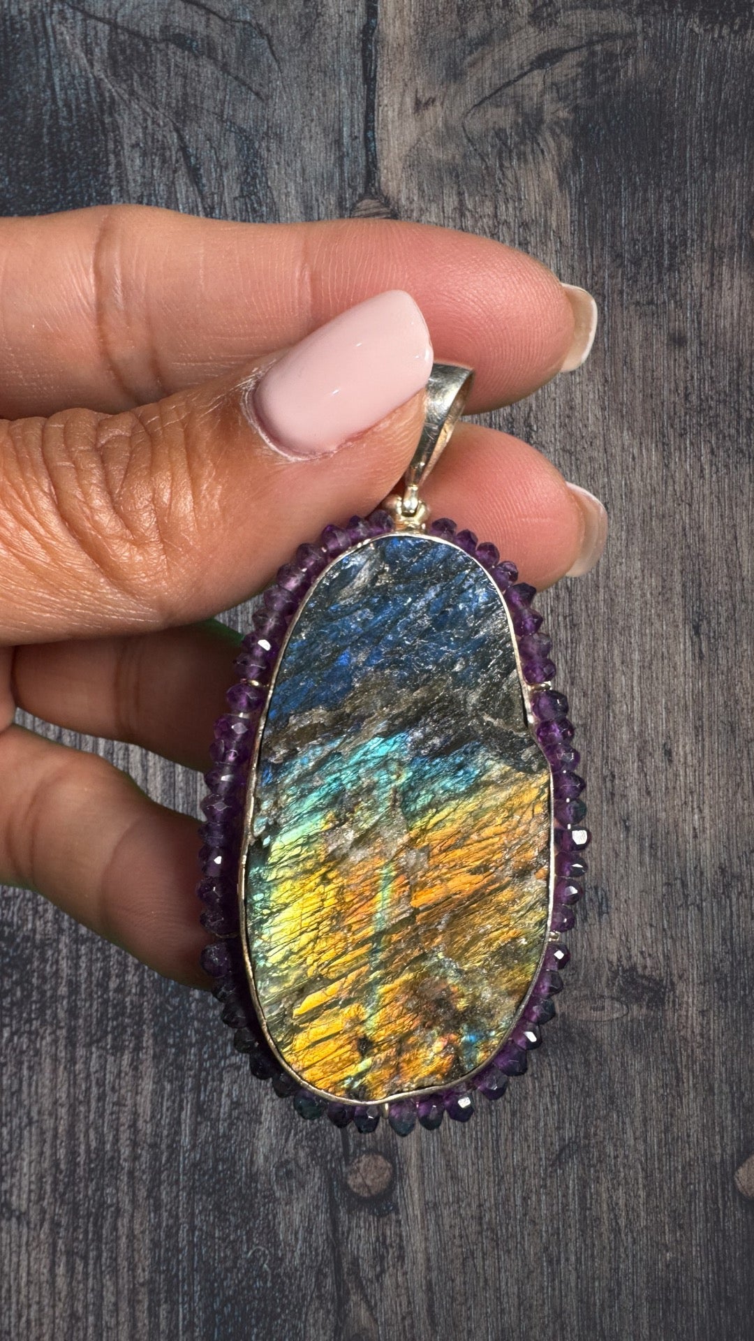 Raw Labradorite and Purple Amethyst Sterling Silver Pendants | Ulka Rocks