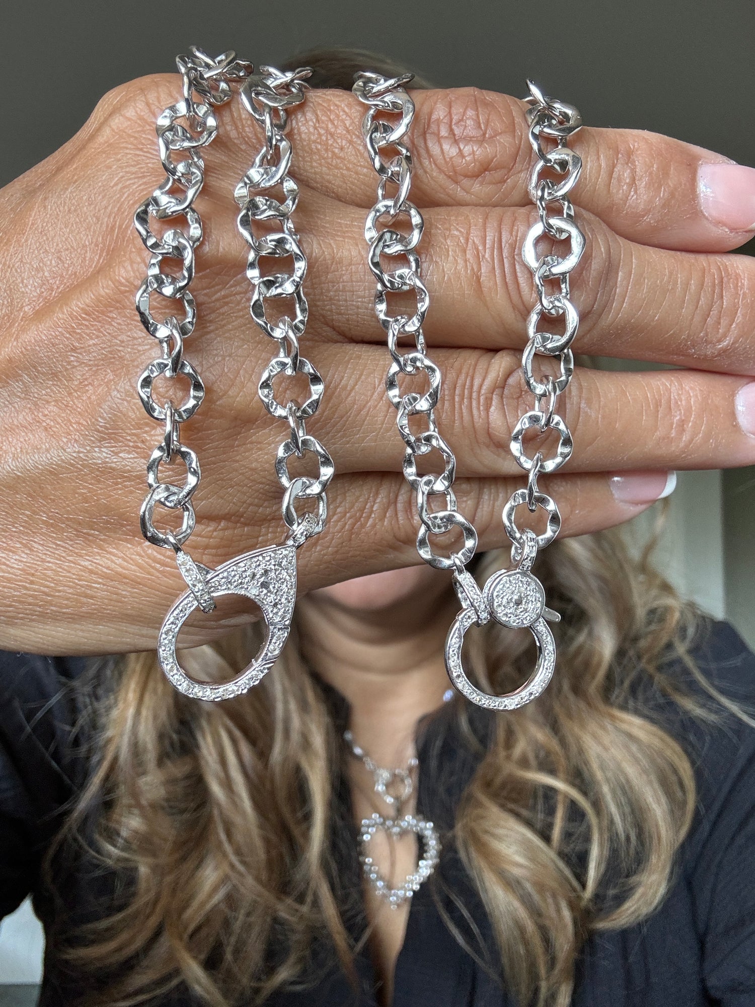 Roxton Hammered Chain Pave Diamond Clasp Necklace - Bright Silver | Ulka Rocks
