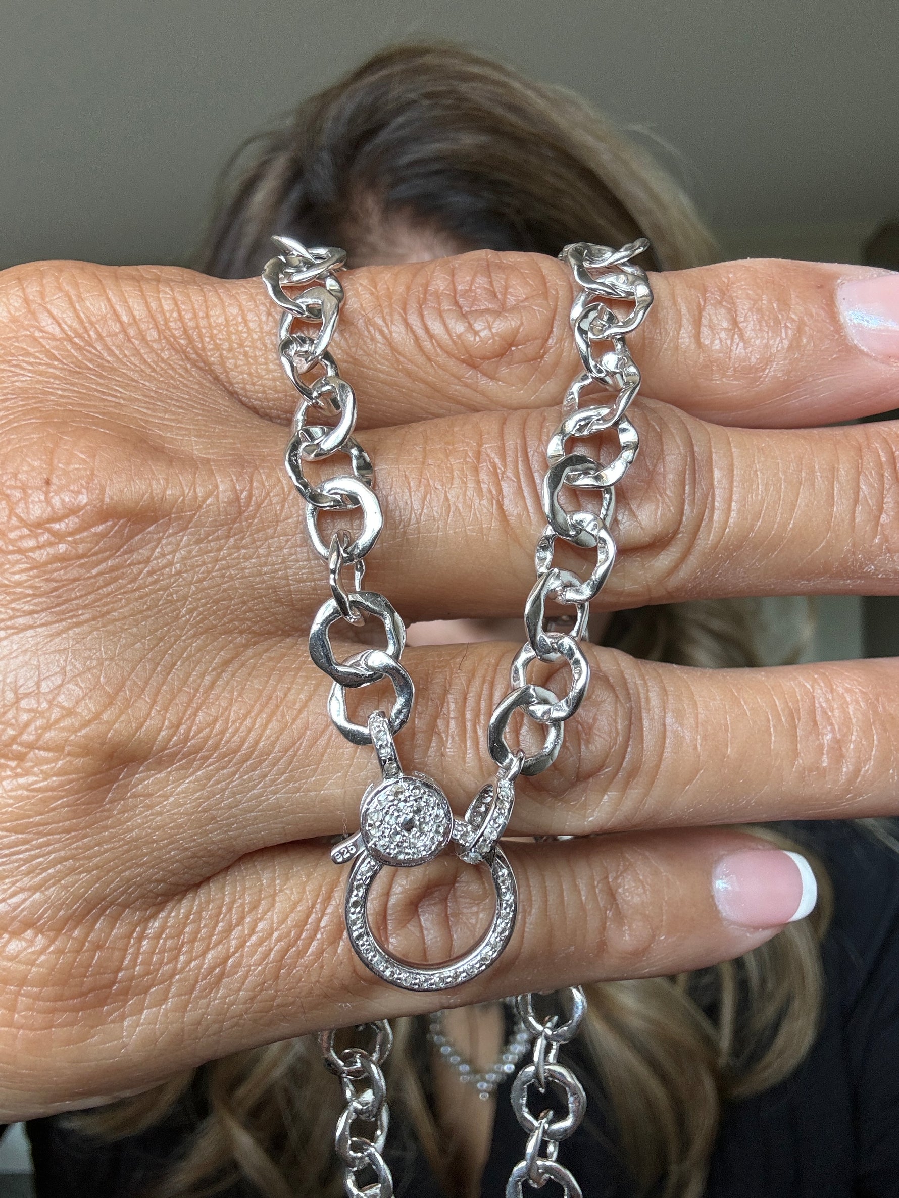 Roxton Hammered Chain Pave Diamond Clasp Necklace - Bright Silver | Ulka Rocks