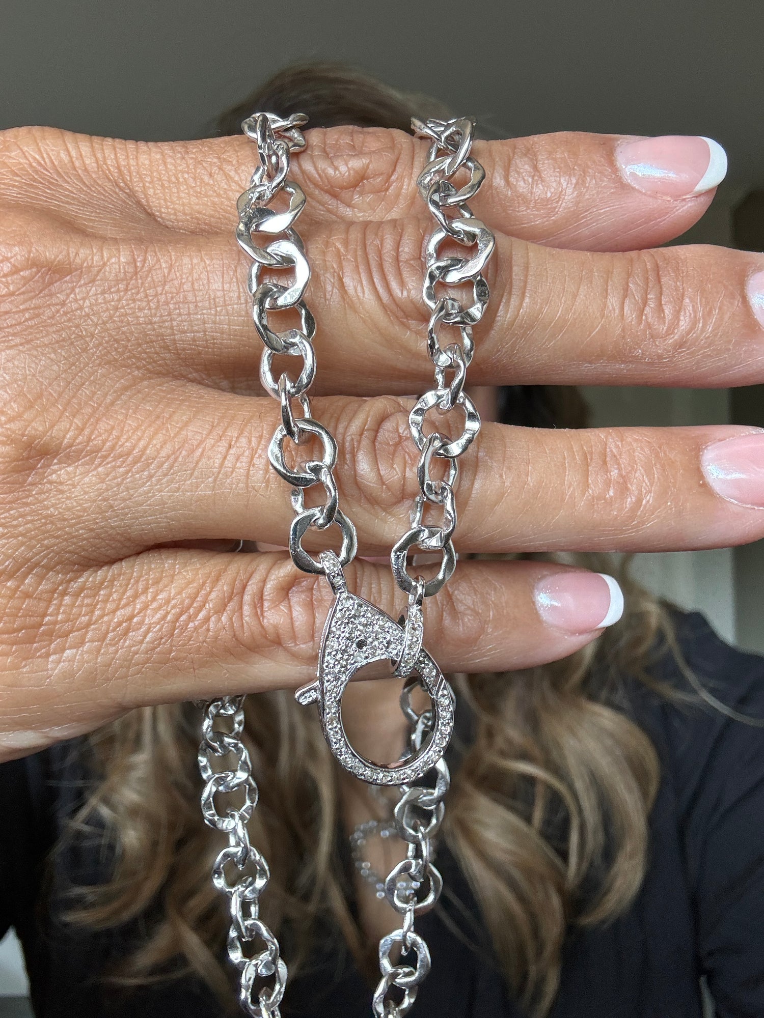 Roxton Hammered Chain Pave Diamond Clasp Necklace - Bright Silver | Ulka Rocks