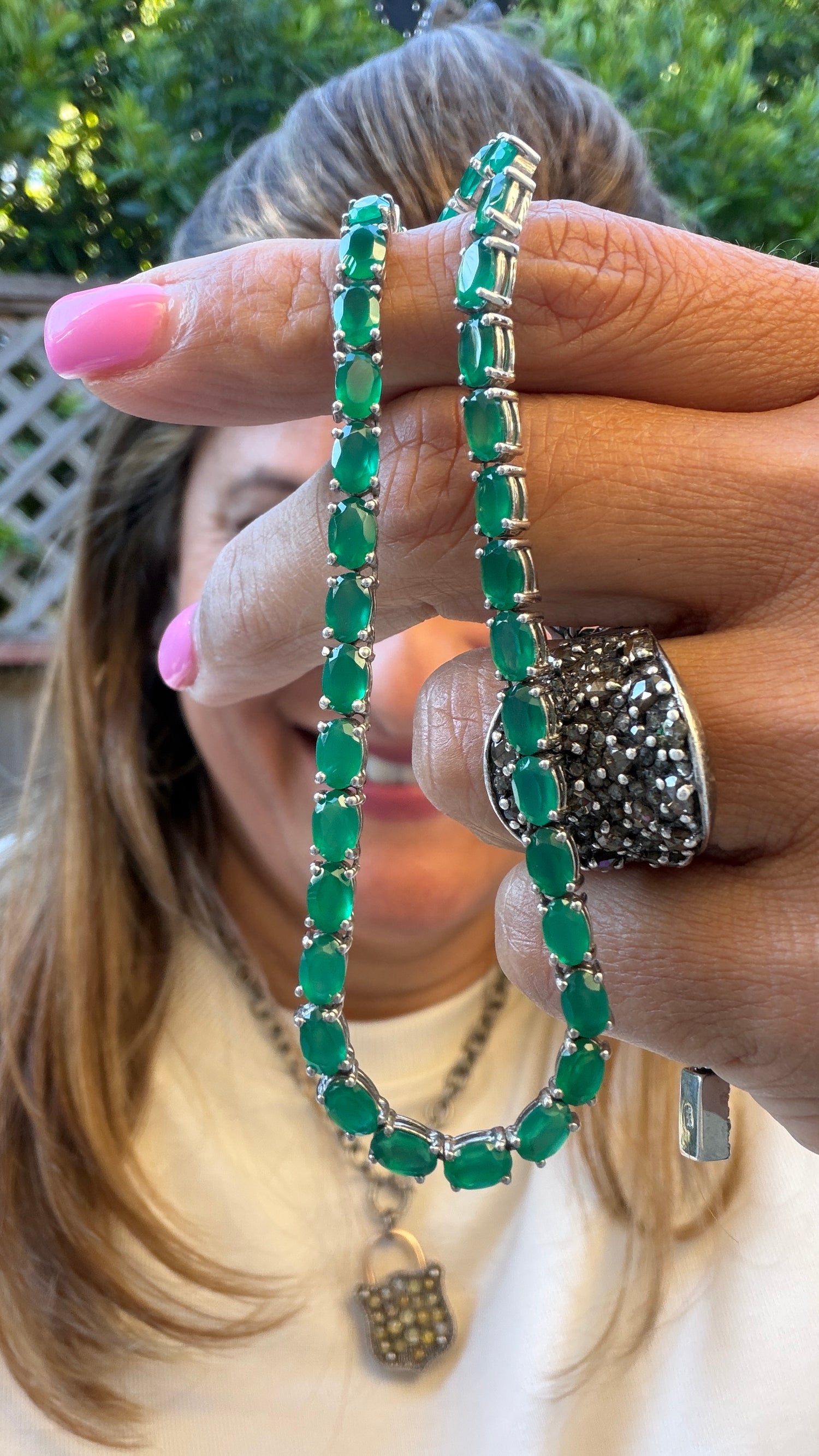 Sterling Silver Necklace With Green Onyx 16 inches