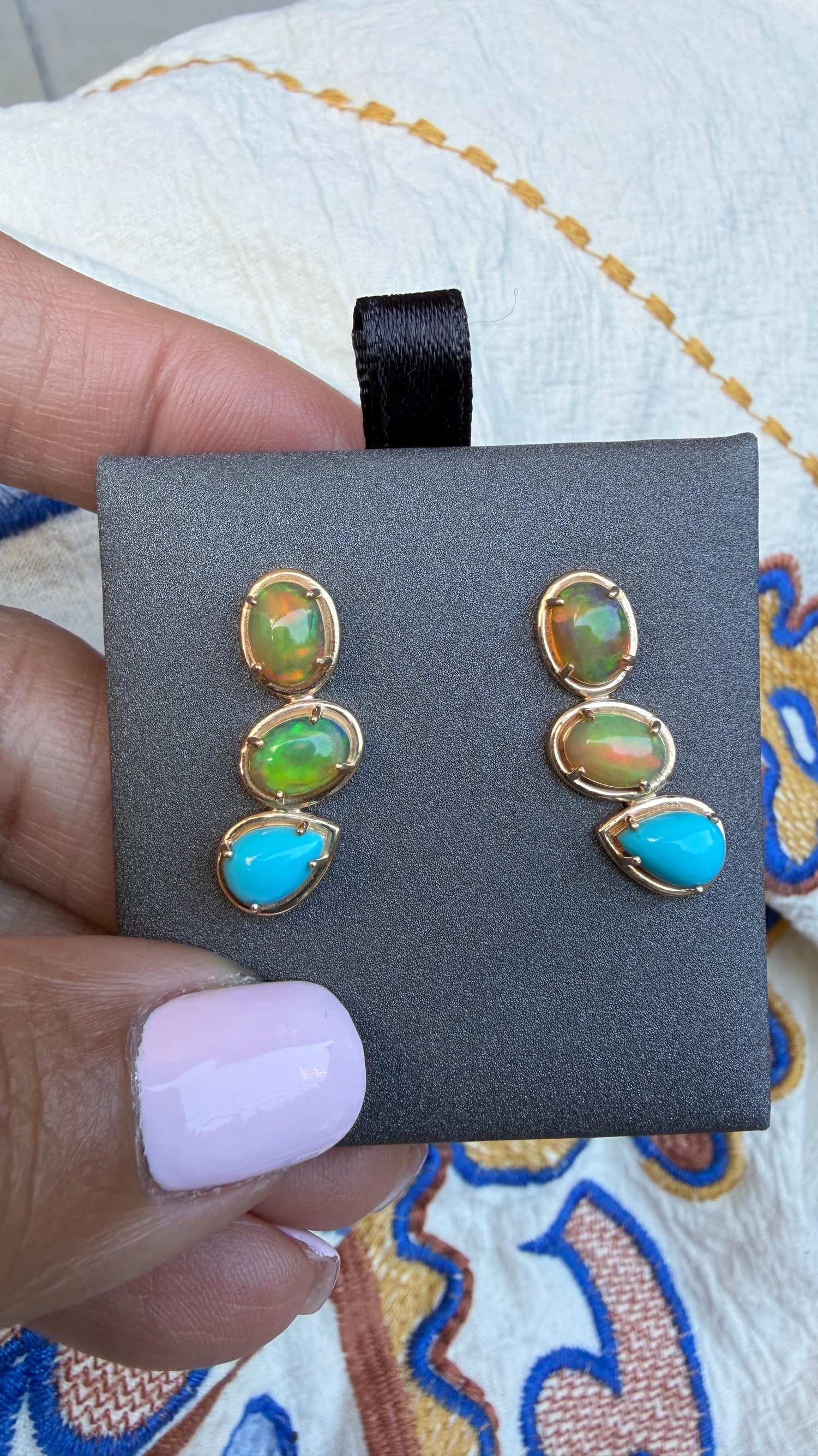 14k Yellow Gold Earrings With Ethiopian Opal And Sleeping Beauty Turquoise