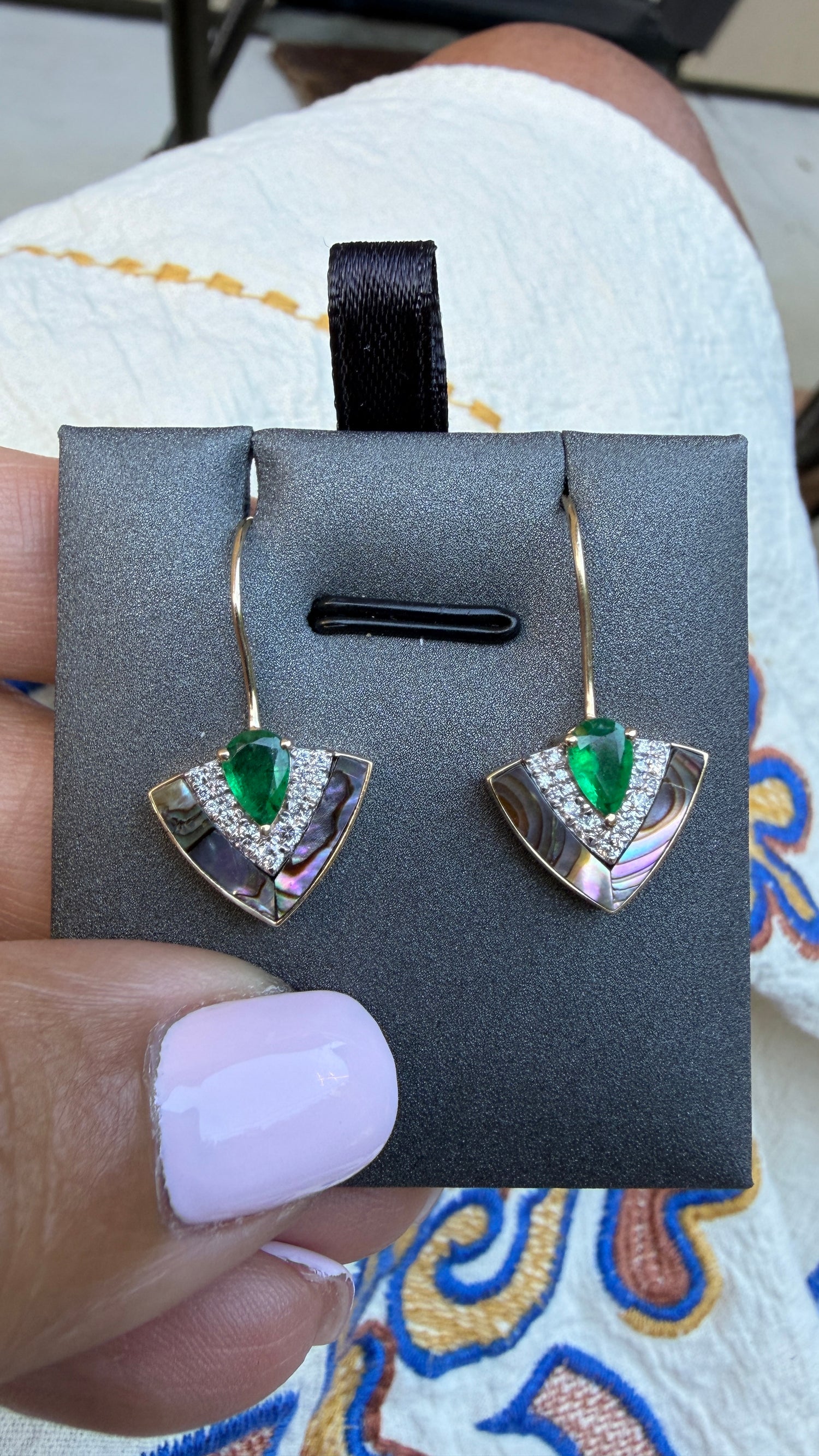 14k Yellow Gold Earrings With Emerald And Mother Of Pearl