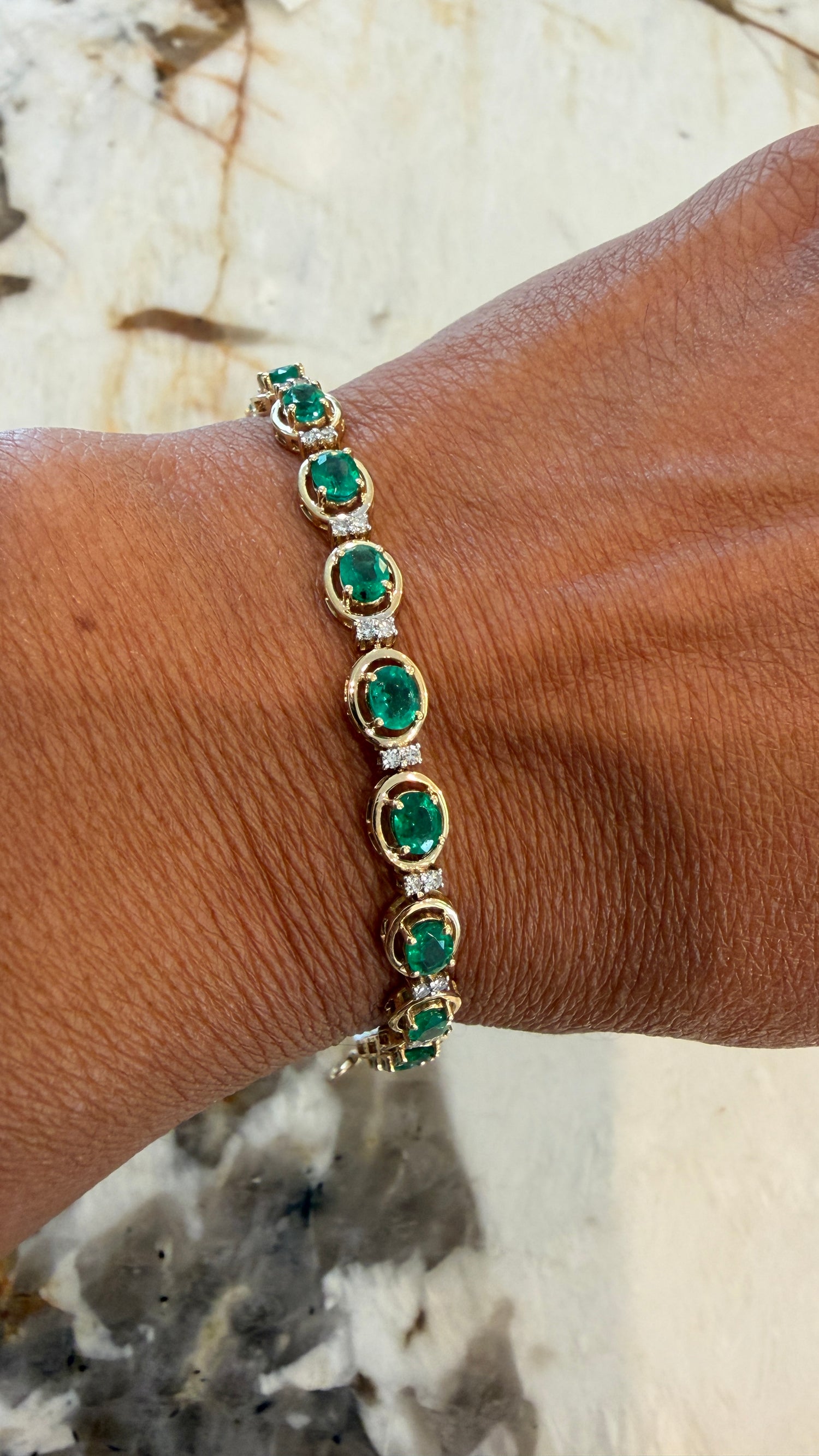 14k Yellow Gold Bracelet With Bezel Set Emeralds And Diamonds 7 inches