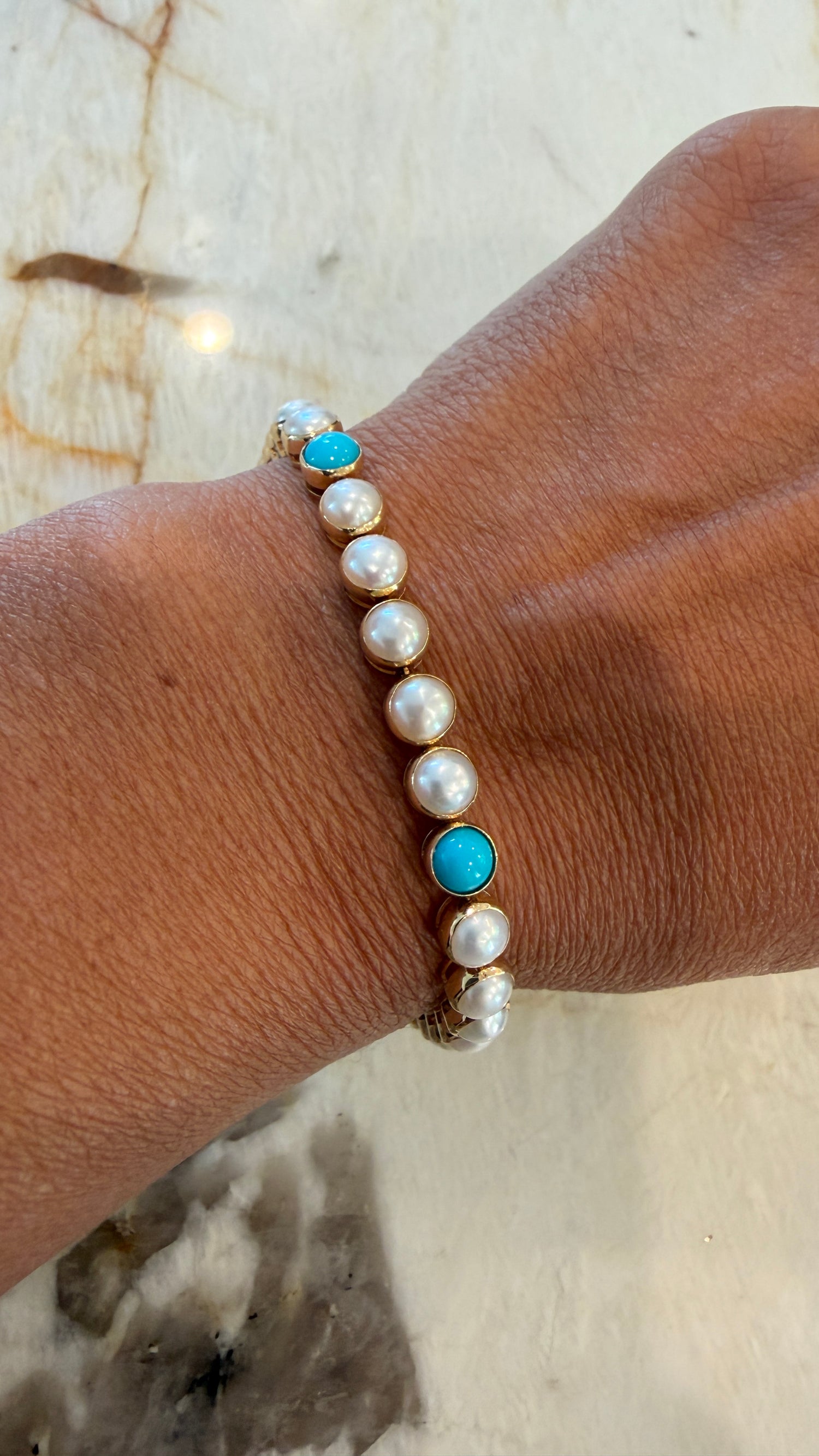 14k Yellow Gold Bracelet With Pearl And Turquoise 7 inches