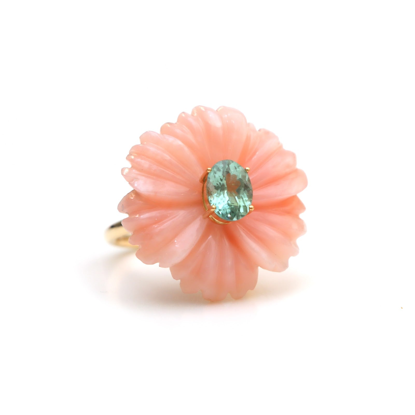 Pink opal carved flower ring with green tourmaline oval center in 14K gold | Ulka Rocks