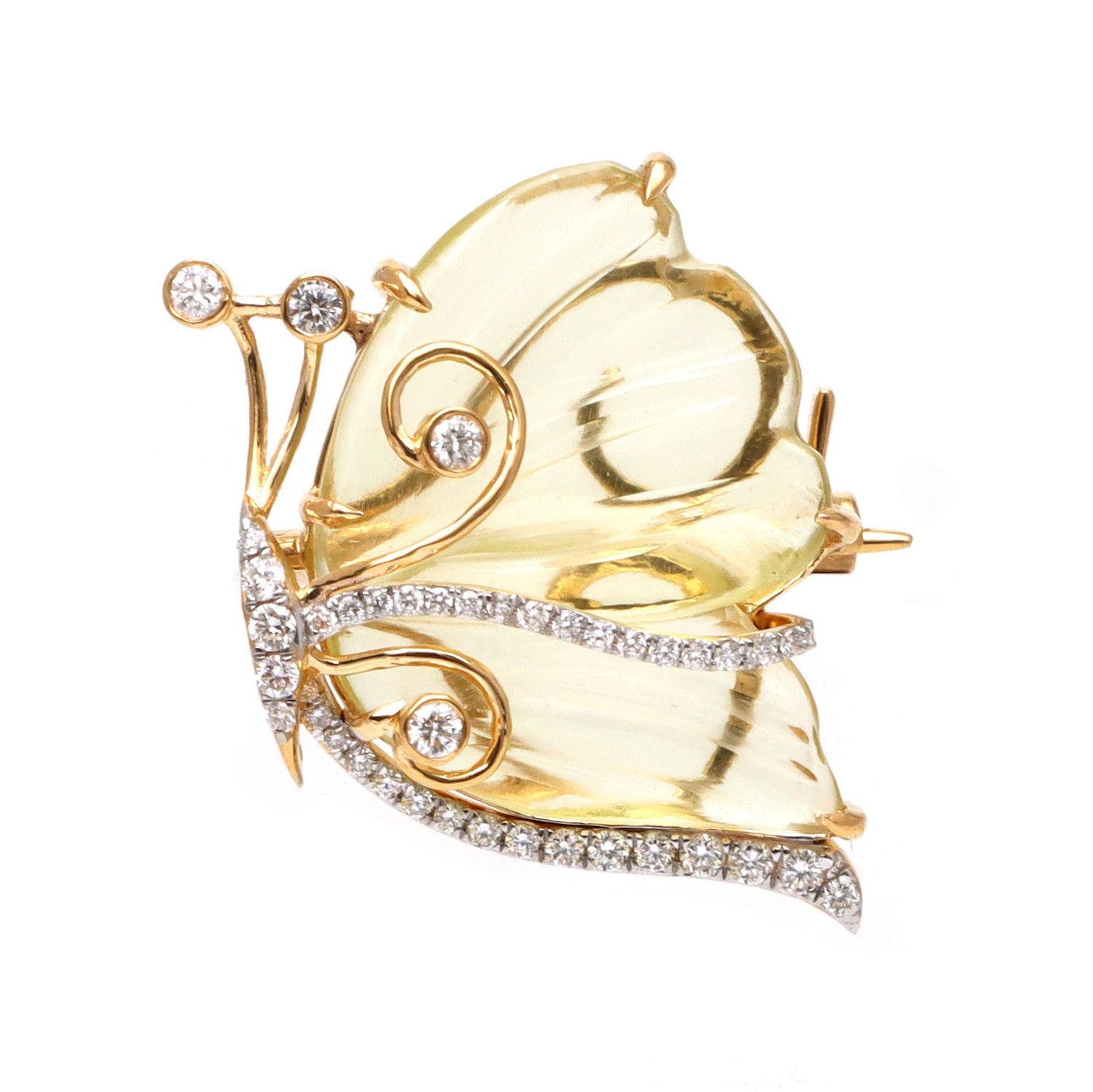 Carved lemon quartz butterfly brooch with pavé diamond wing trim in 18K gold | Ulka Rocks