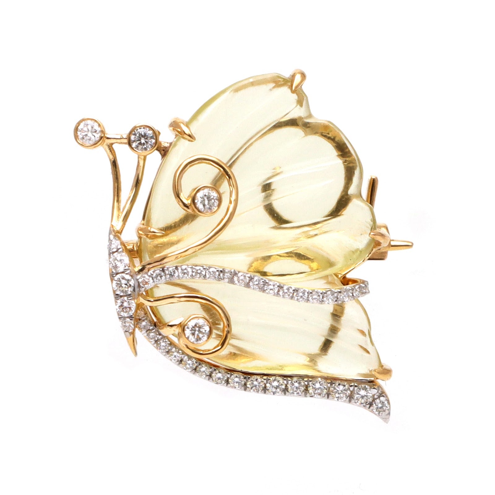 Carved lemon quartz butterfly brooch with pavé diamond wing trim in 18K gold | Ulka Rocks