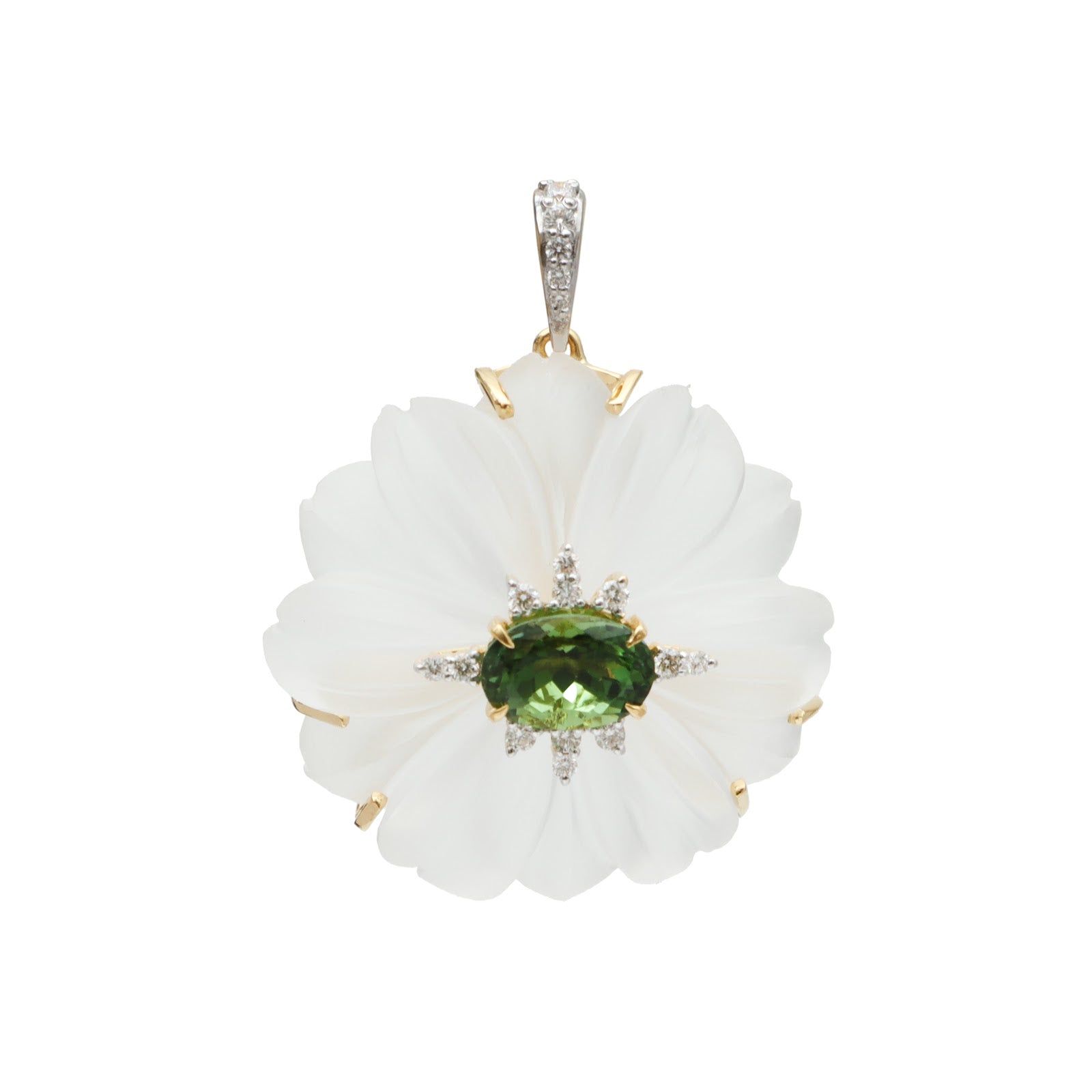 Carved rock crystal flower pendant with green tourmaline center and diamond accents in 18K gold | Ulka Rocks