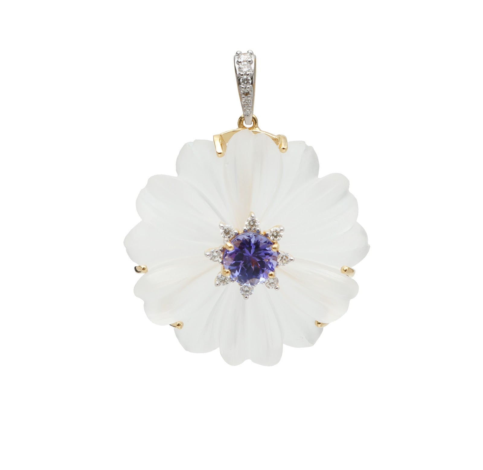 Carved rock crystal flower pendant with faceted tanzanite center and diamond accents in 18K gold | Ulka Rocks