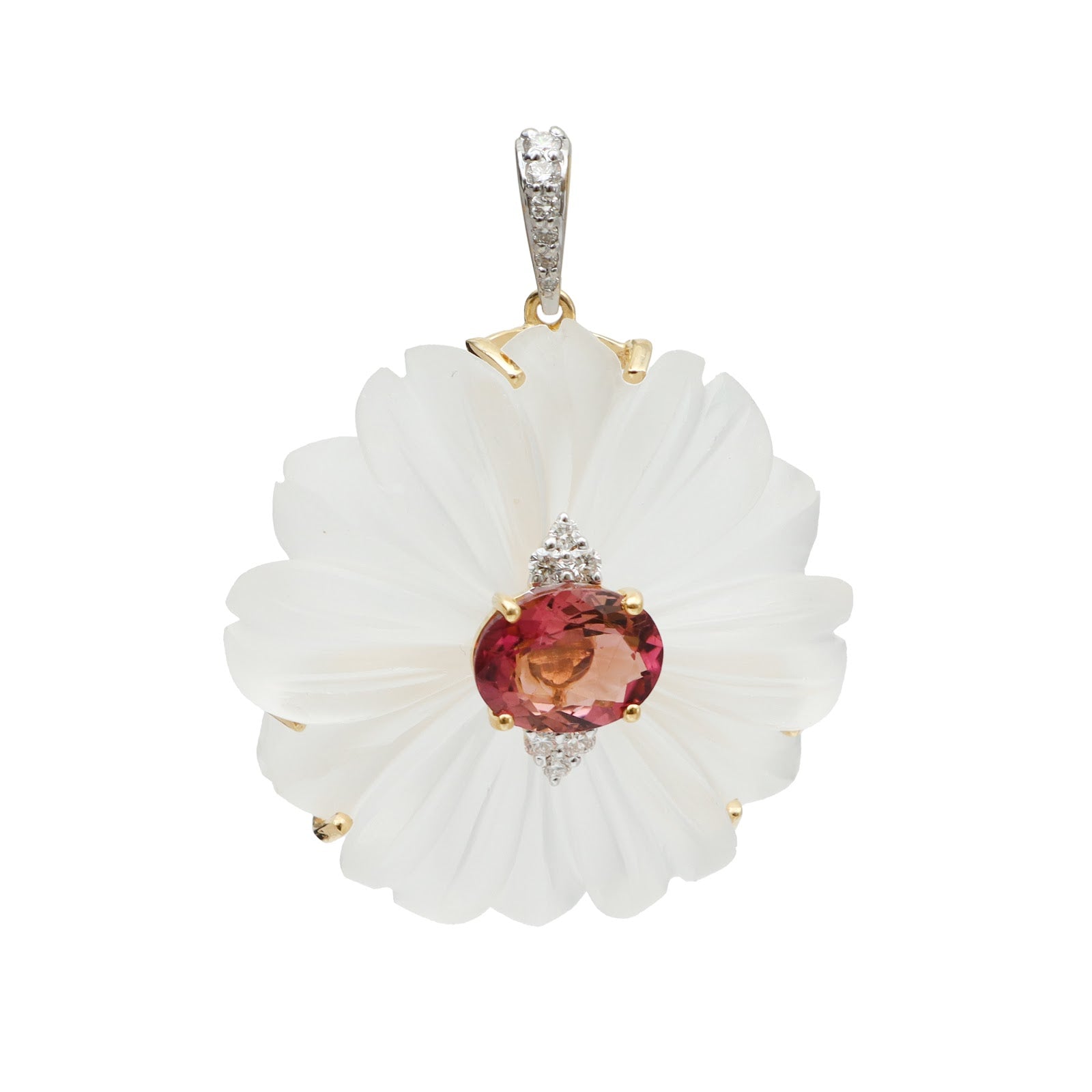 Carved rock crystal flower pendant with pink tourmaline and diamond accents in 18K gold | Ulka Rocks