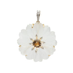 Carved rock crystal flower pendant with peach tourmaline and diamond accents in 18K gold | Ulka Rocks