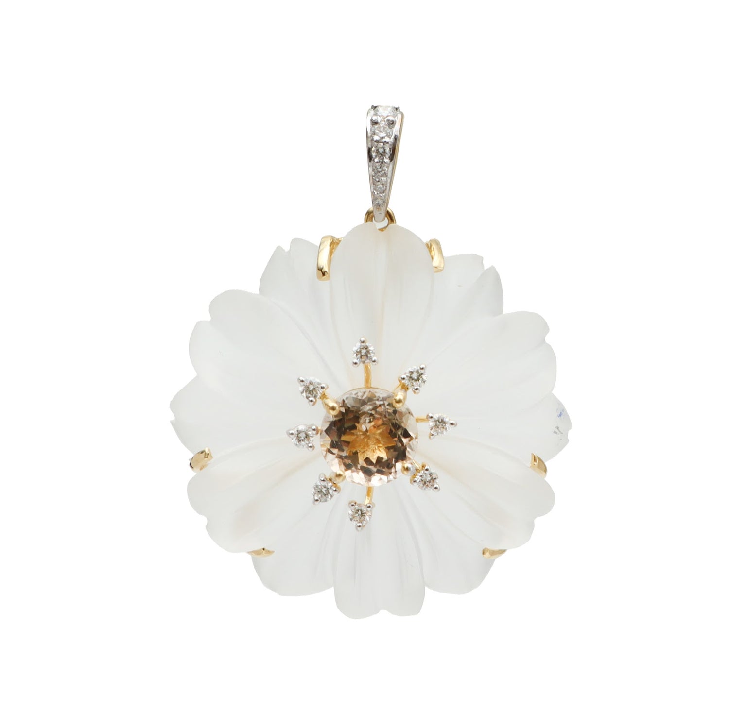 Carved rock crystal flower pendant with peach tourmaline and diamond accents in 18K gold | Ulka Rocks