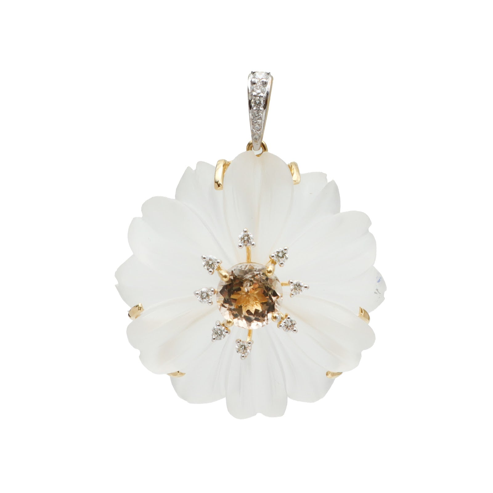 Carved rock crystal flower pendant with peach tourmaline and diamond accents in 18K gold | Ulka Rocks