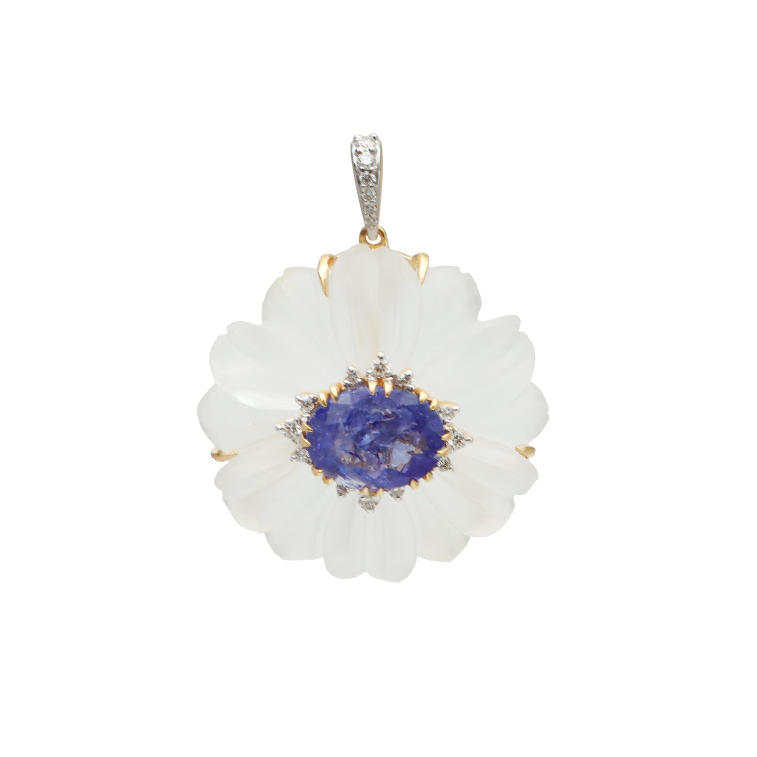 Carved rock crystal flower pendant with tanzanite cabochon center and diamond accents in 18K gold | Ulka Rocks