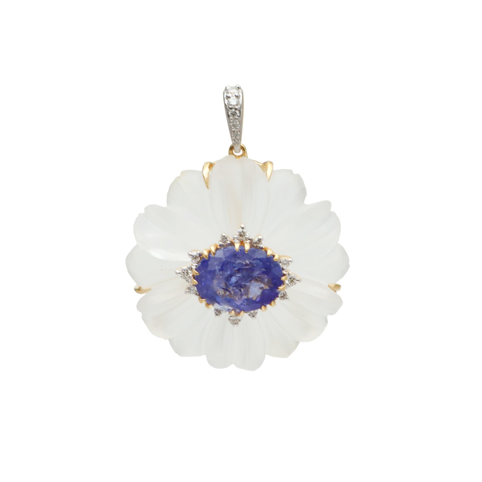 Carved rock crystal flower pendant with tanzanite cabochon center and diamond accents in 18K gold | Ulka Rocks