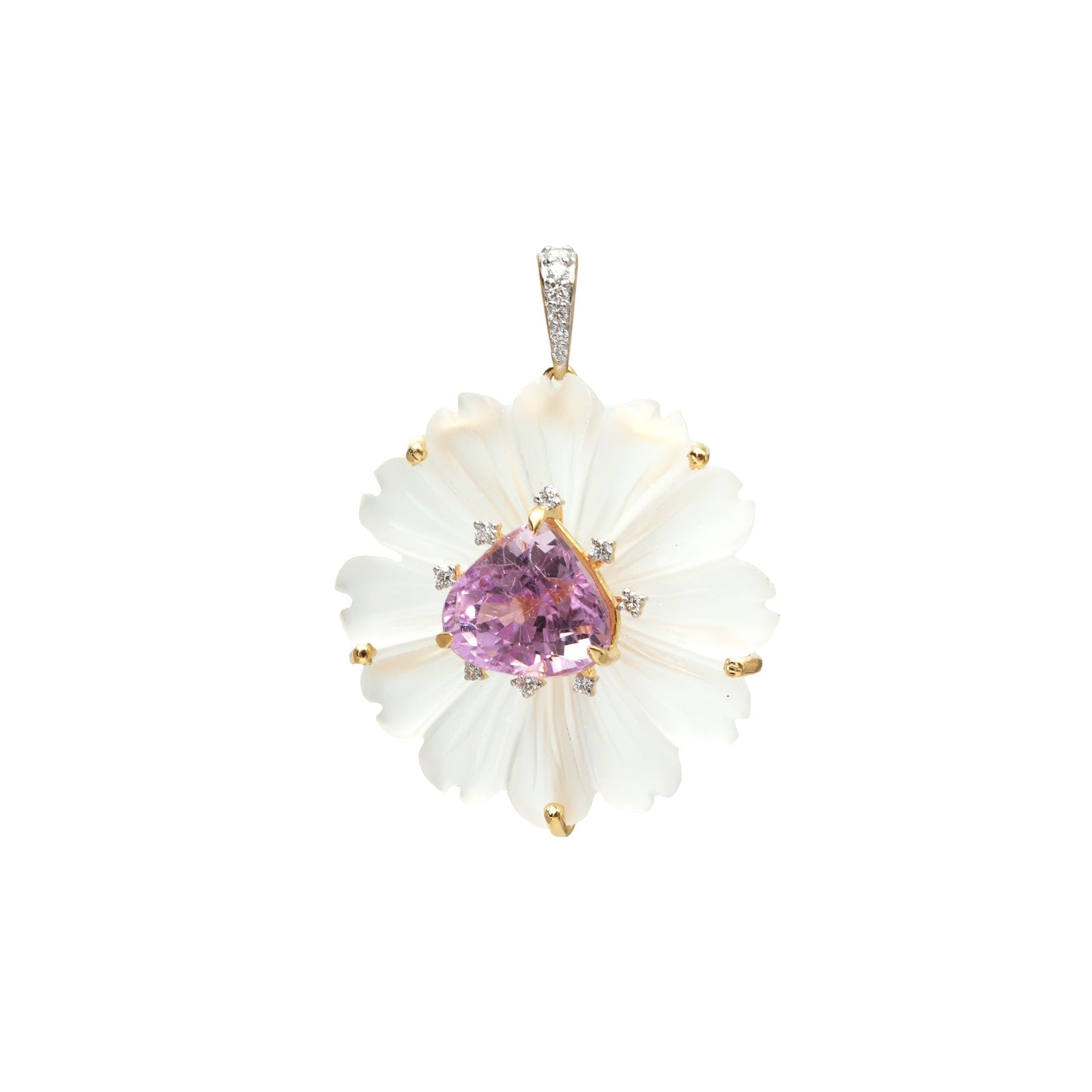 Carved Crystal Flower Pendant with Kunzite and Diamond in 18K Gold